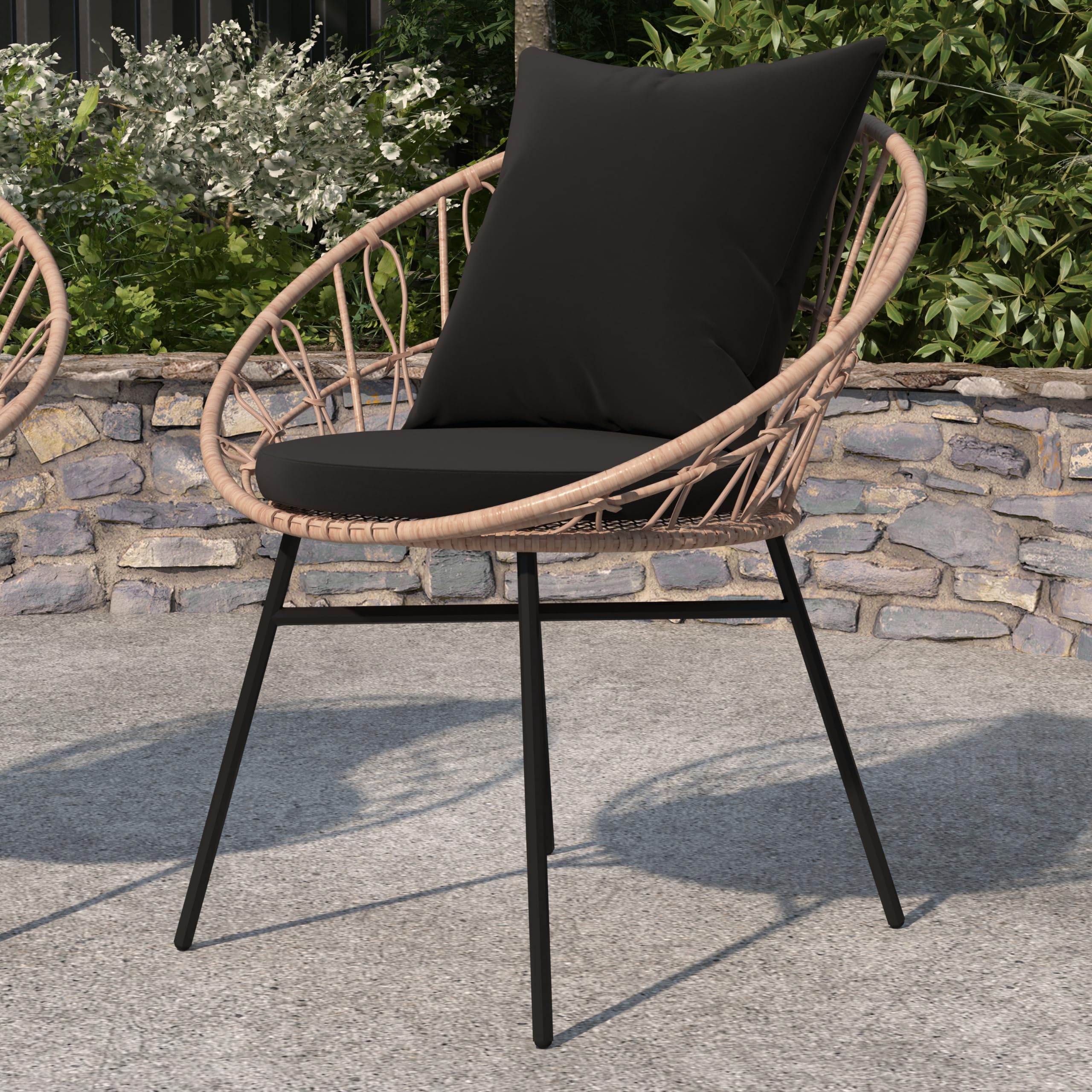 Merrick Lane Alma Set of 2 Patio Chairs - Tan Faux Rattan Rope Wicker Chairs with Black Cushions - Weather & Fade Resistant Indoor Outdoor Furniture for Garden, Poolside, Deck, and Backyard Relaxation