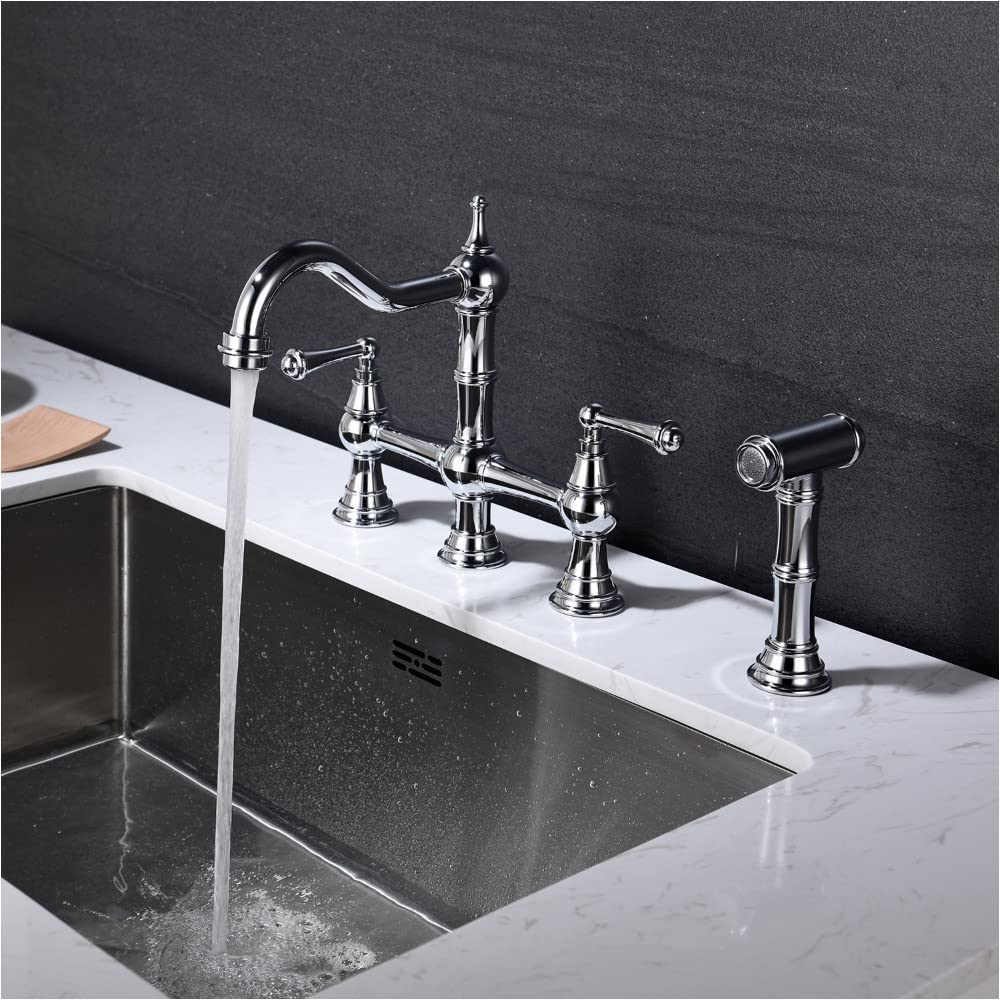 LYBJ Brass Double Handle Kitchen Faucet with Pull-Out Sprayer - 4 Hole Mount Sink Faucet for Washing Dishes & Food Prep | Durable Brass Construction for Modern Kitchens