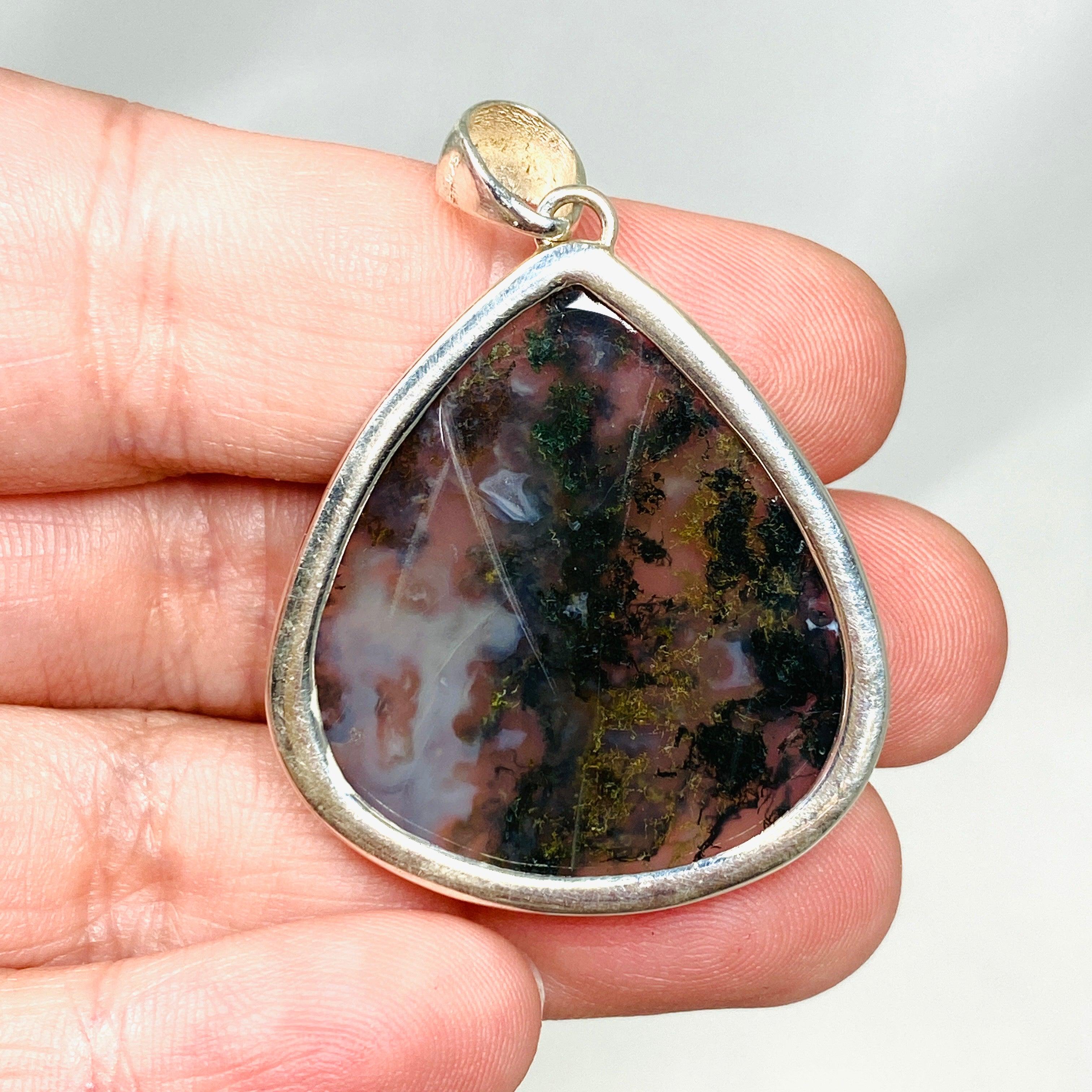 Natural Moss Agate Teardrop Pendant Necklace - 925 Sterling Silver Jewelry KPGJ3623 | Elegant Gift for Women, Boho Chic Accessory for Everyday Wear & Special Occasions