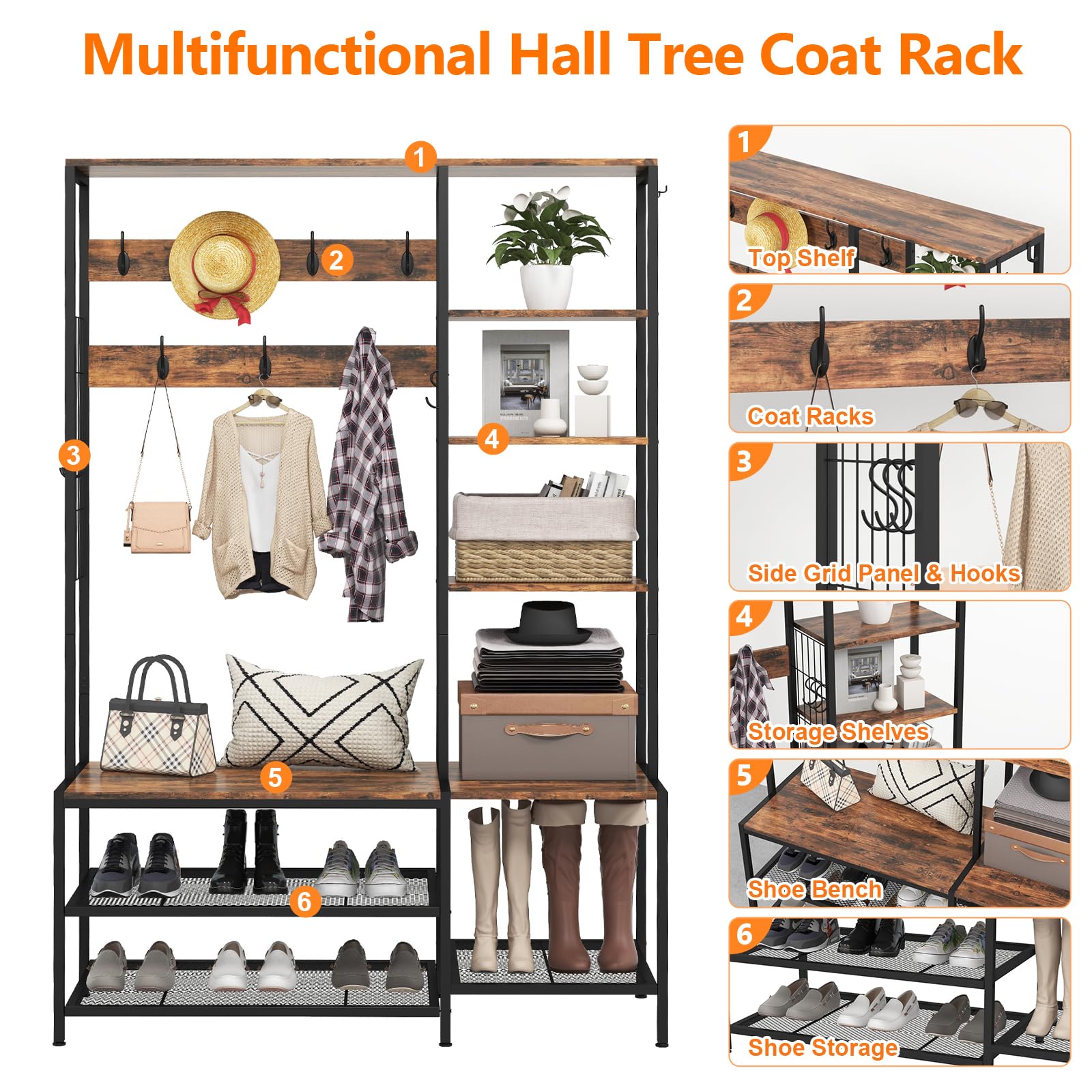 Hall Tree with Bench and Shoe Storage - Freestanding Entryway Coat Rack with 5-Tier Shelves - Brown Mudroom Furniture for Hallway, Foyer & Home Organization | Perfect for Shoes, Coats, Bags & Outdoor Gear Storage