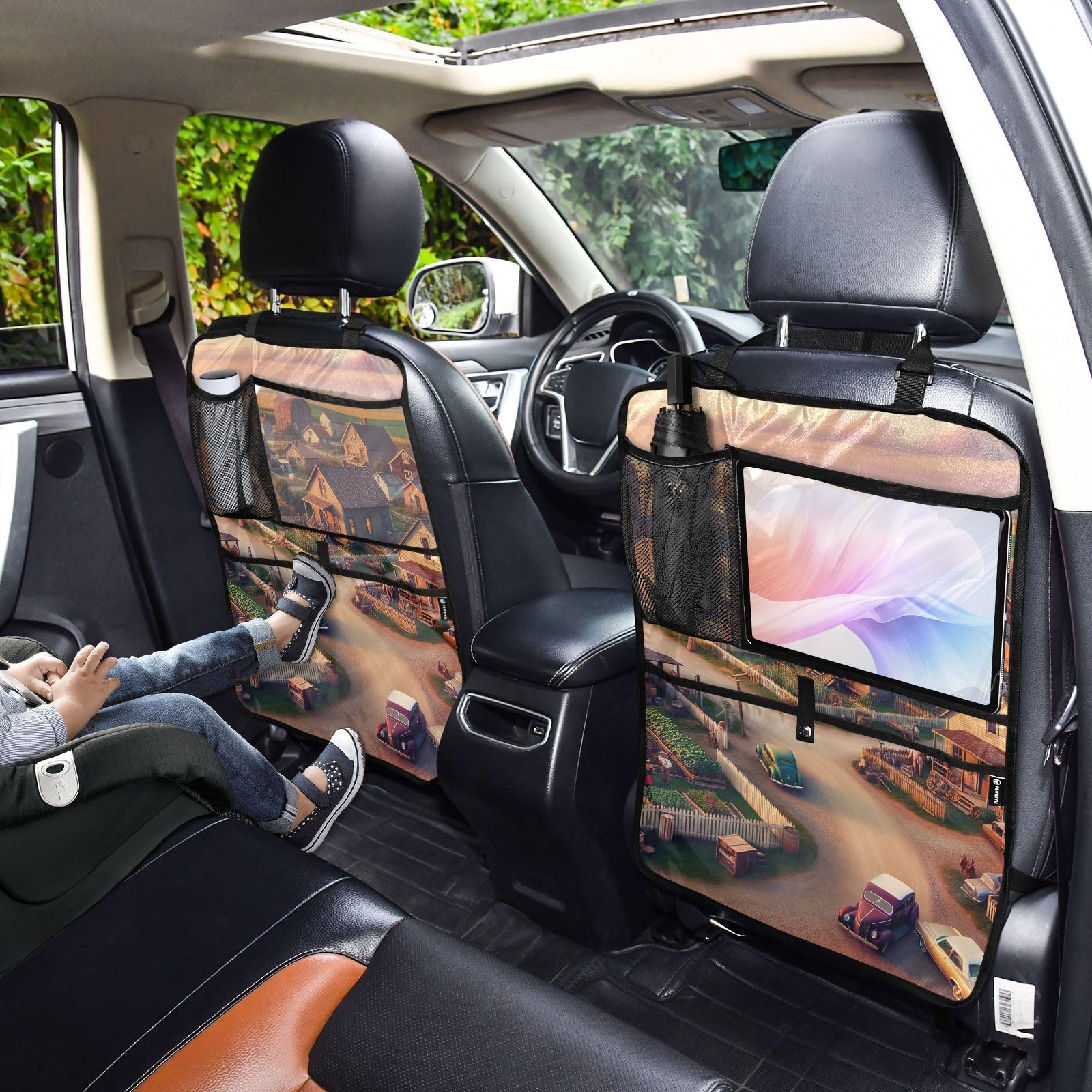 ODAWA Small Town Life House and Cars Farm Car Seat Cover Back - Universal Car Seat Organizer for SUV, Truck & Minivan - Perfect for Road Trips, Family Travel & Daily Commute