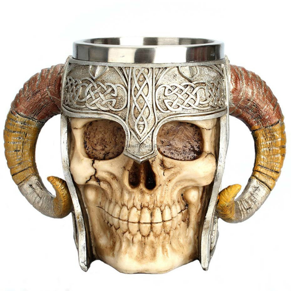 Stainless Steel Horns & Skull & Helmet Mug - Gothic Beer Stein for Halloween, Viking Party, and Medieval Themed Events - Perfect for Beer, Ale, and Mead Drinking