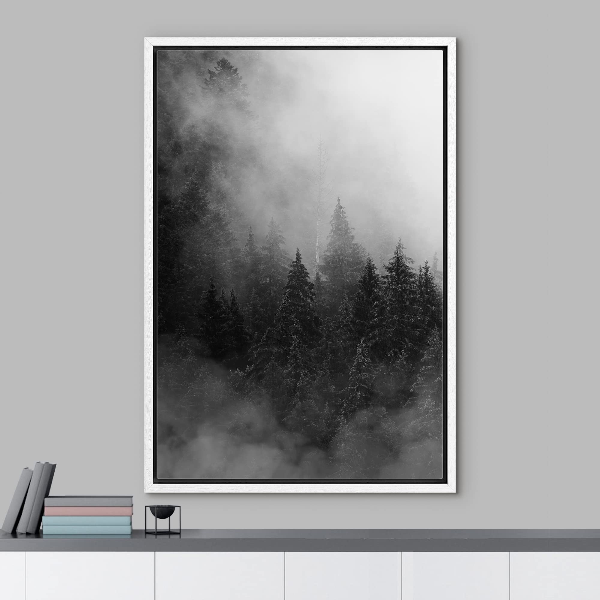 IDEA4WALL Framed Canvas Print - Black & White Dark Pine Forest in The Mist, Woodland Nursery Decor, Nature Wilderness Realism, Dramatic Cool Wall Art for Living Room, Bedroom, Office, 24
