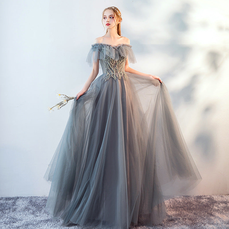 Elegant Off Shoulder Gray Long Prom Dress - A-Line Tulle Formal Evening Gown for Women - Perfect for Homecoming, Wedding Guest, and Special Occasions