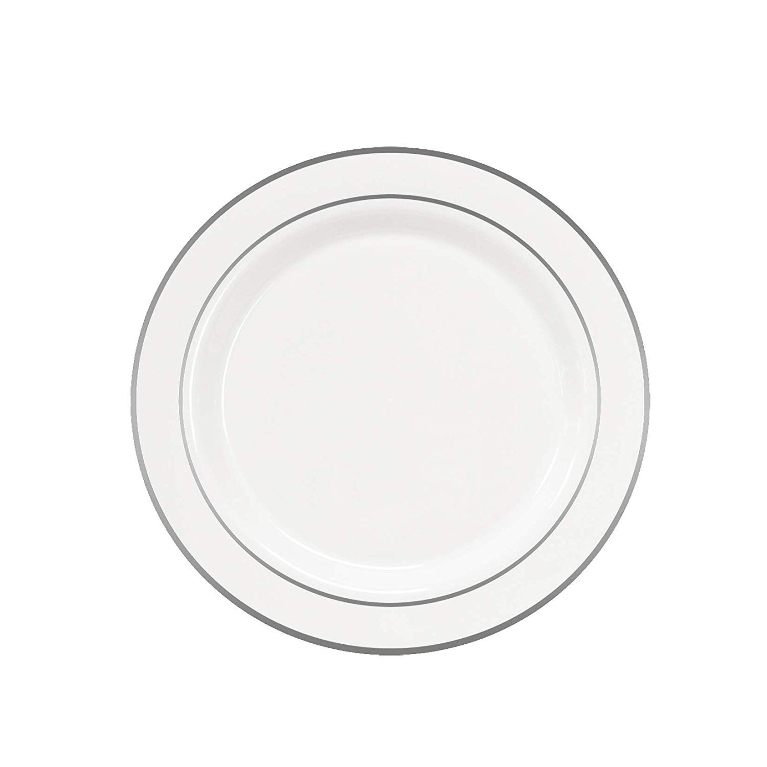 Divine White Plastic Plates with Silver Rim - 10 Inch Disposable Dinner Plates (Pack of 240) - Perfect for Weddings, Parties, and Special Events