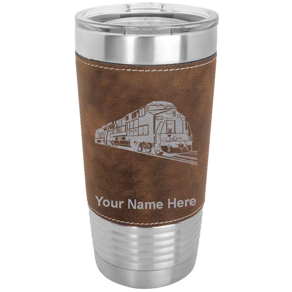 LaserGram 20oz Vacuum Insulated Stainless Steel Tumbler Mug with Personalized Engraving - Freight Train Design, Faux Leather Base & Rustic Finish - Perfect for Coffee, Tea, or Cold Drinks at Home, Office, or Travel