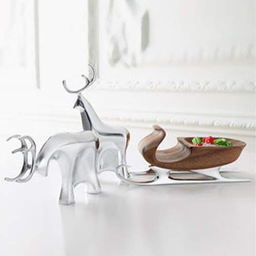 Nambe Christmas Sleigh with Reindeer Figurine Set - 3-Piece Metal Alloy & Acacia Wood Holiday Decor for Mantels, Tables, and Winter Wonderland Displays - Perfect for Christmas Home Decoration, Gift Giving, and Seasonal Festive Cheer