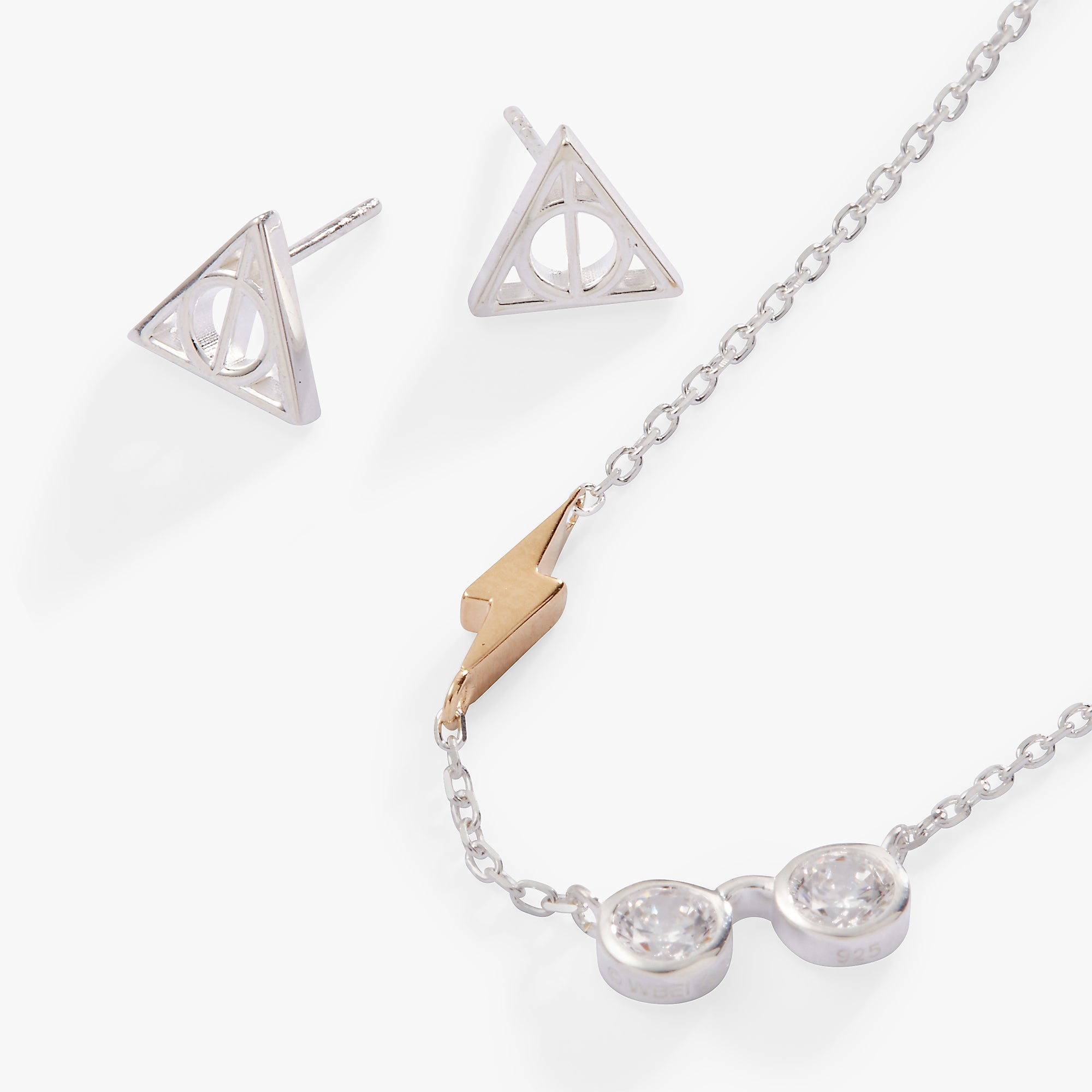 Harry Potter™ Glasses & Deathly Hallows Necklace Earrings Set - Sterling Silver Jewelry for Cosplay, Halloween Costume & Potterhead Gifts