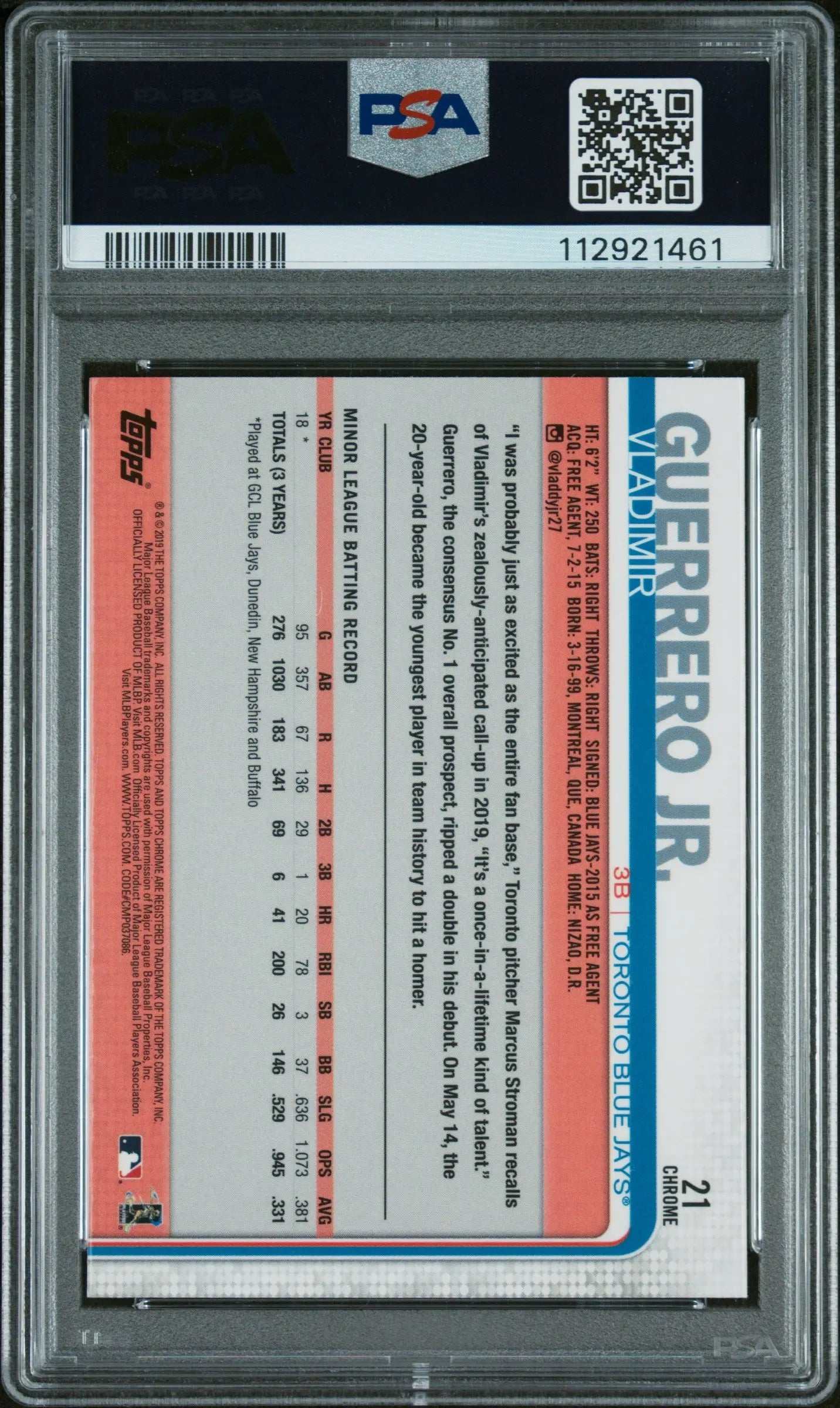 2019 Topps Chrome Update Vladimir Guerrero Jr. RC Rookie Pink Refractor PSA 10 - Baseball Trading Card for Collectors & Investors - Perfect for Display, Gifts, and Sports Memorabilia Collections