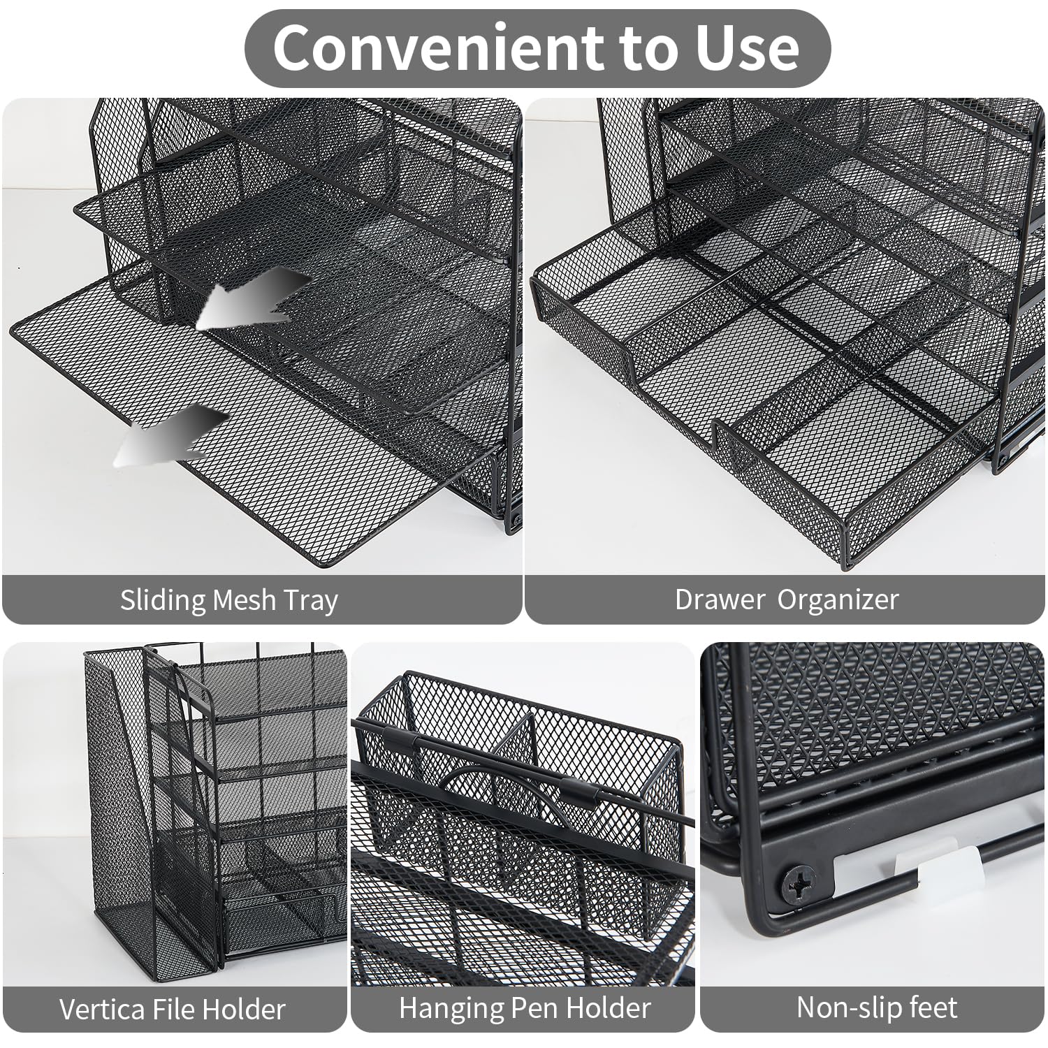 Youbetia 5-Tier Mesh Paper Tray Organizer with File Holder & Pen Storage - Black Desk Organizer for Office Supplies, Workspace Accessories | Perfect for Home Office, School Desk & Workplace Organization