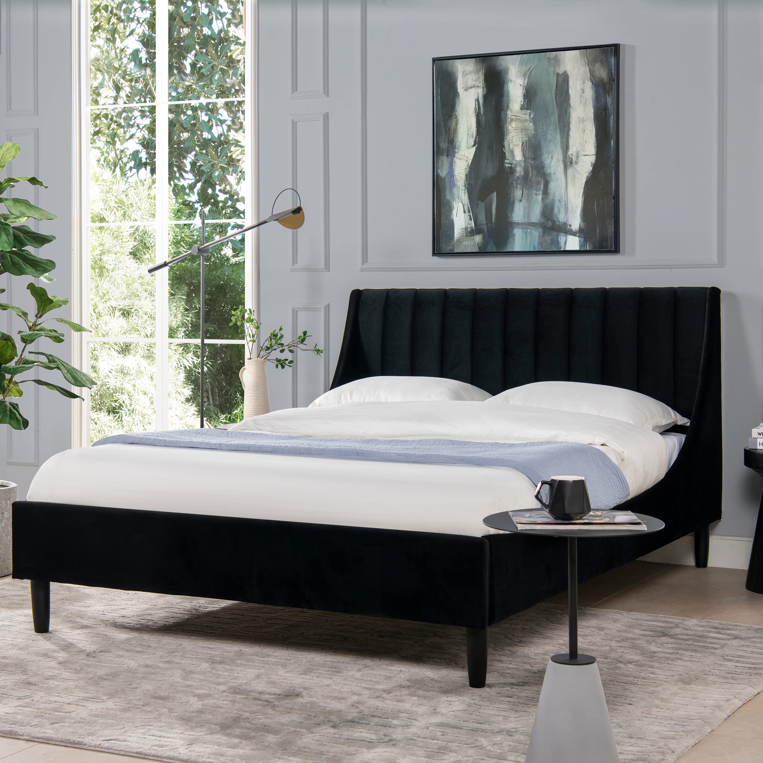 Sandy Wilson Home Marlowe Vertical Tufted Headboard Platform Bed Set - Queen Size Upholstered Bed Frame with Storage, Modern Bedroom Furniture for Master & Guest Rooms