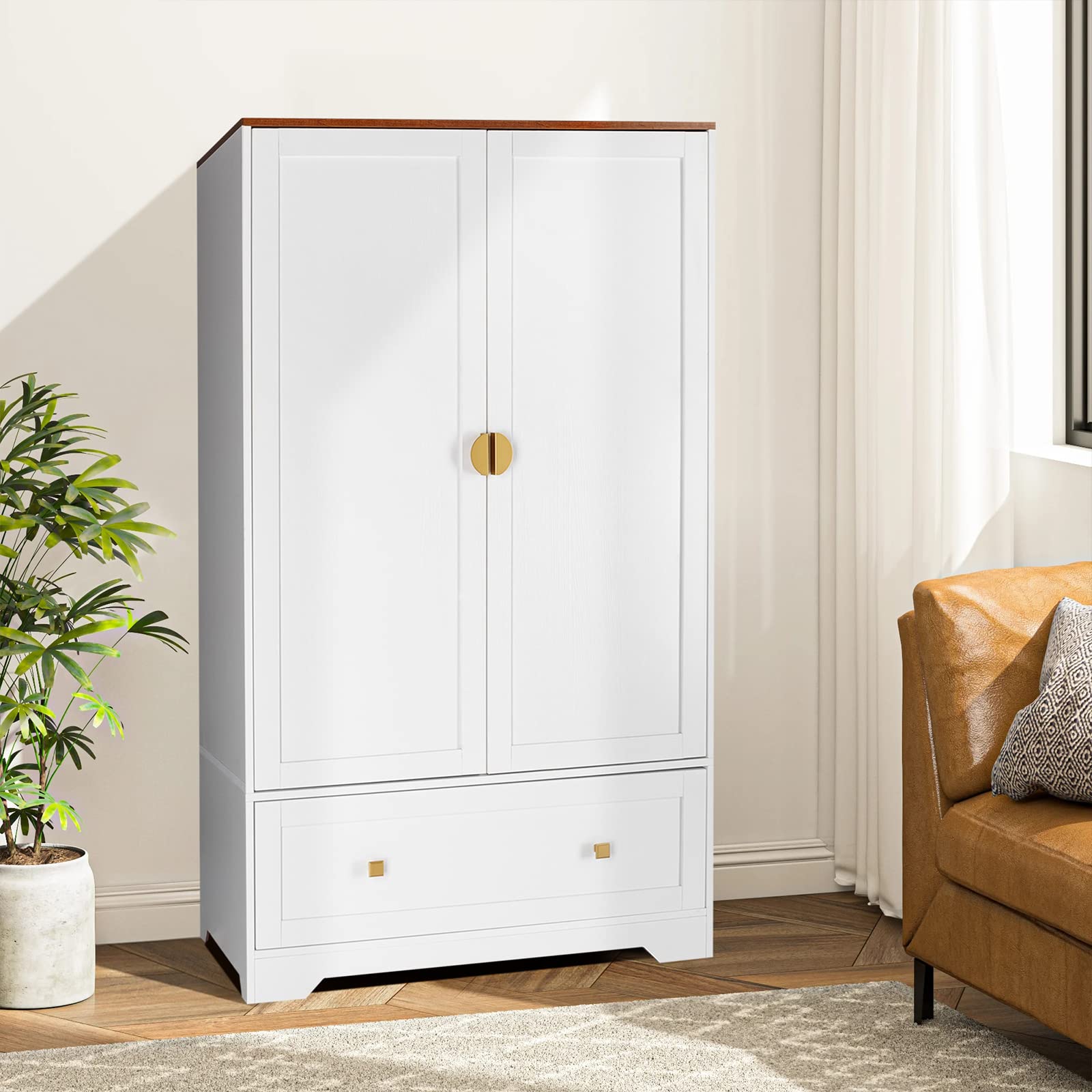 VINGLI 38 Inch Wide White Armoire Wardrobe with Hanging Rod, Shelves & Drawer - Freestanding Closet Organizer for Bedroom, Dorm, Apartment - 21