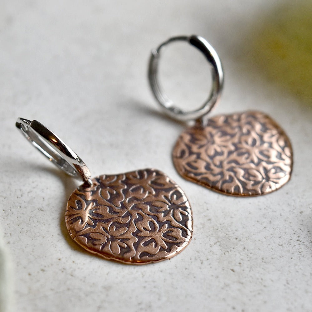 Trillium Silver Huggie Hoop Earrings with Patterned Copper Drop - Elegant Boho Jewelry for Women | Perfect for Everyday Wear, Date Nights & Special Occasions