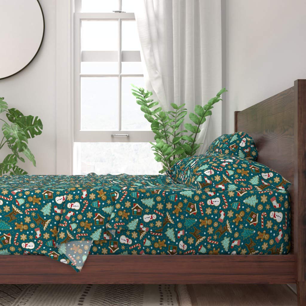 Premium 100% Cotton Twin 3-Piece Sheet Set | Christmas Gingerbread Cookies Dark Teal Print | Holiday Baking Themed Bedding for Cozy Winter Nights