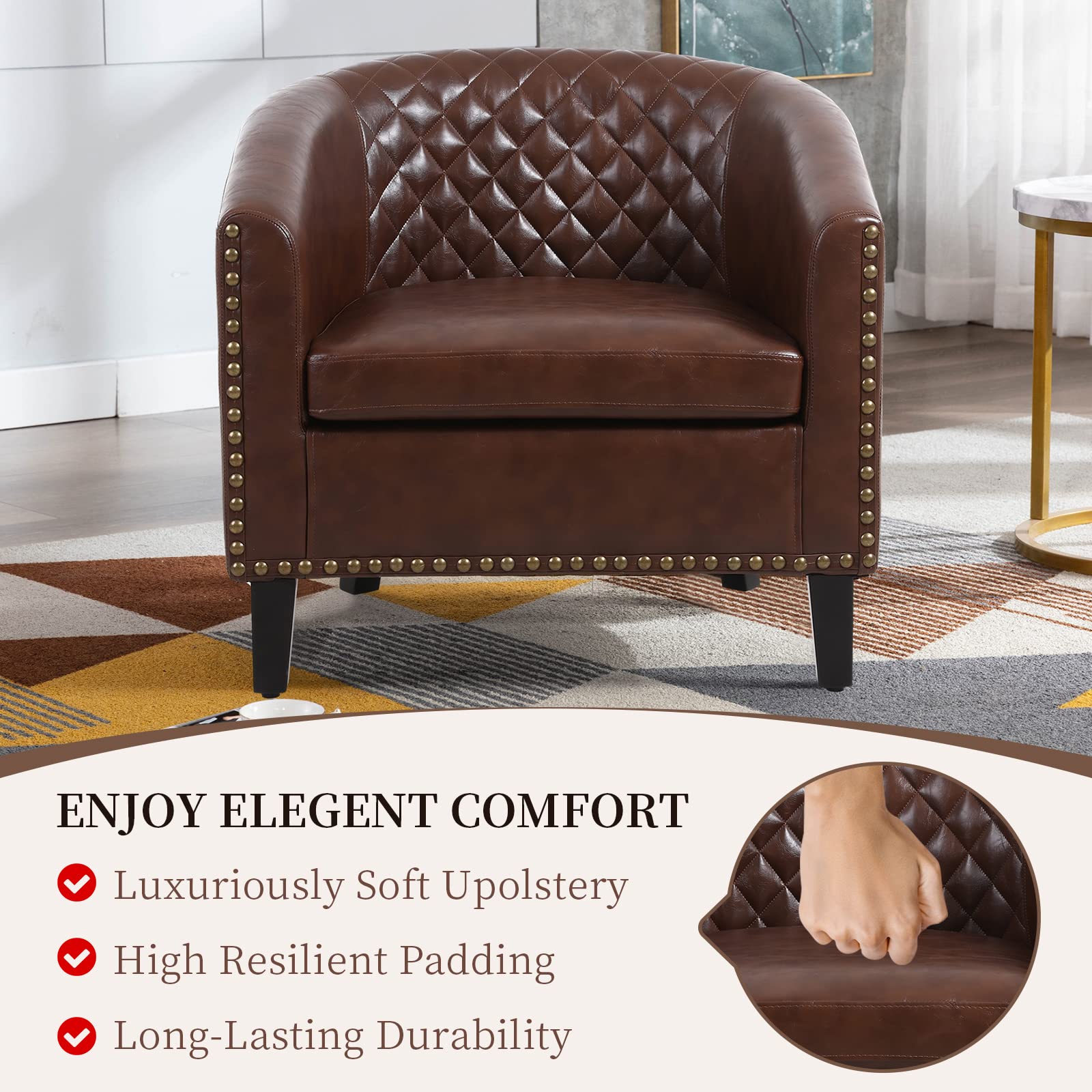 LETESA Barrel Accent Chair - Faux Leather Upholstered Club Chair with Nailhead Trim & Rubber Wood Legs, Diamond Tufted Bucket Seat for Living Room, Bedroom, Office - Brown Home Decor Furniture for Relaxing & Stylish Seating