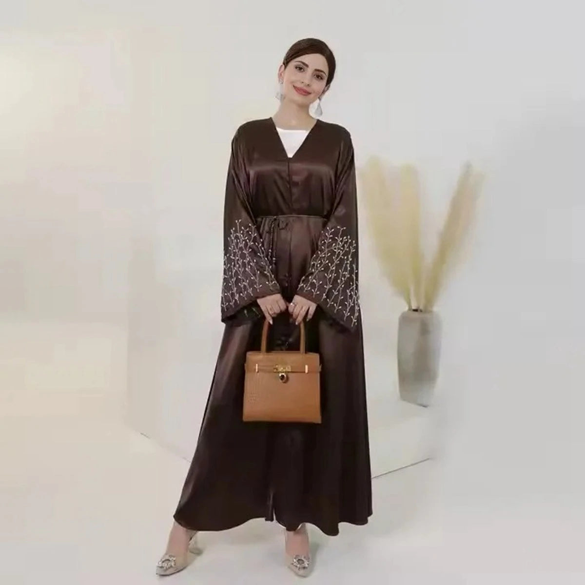 Elegant Hand-Beaded Muslim Women's Open Abaya Dress - Modest Islamic Prayer Dress for Eid, Ramadan & Special Occasions