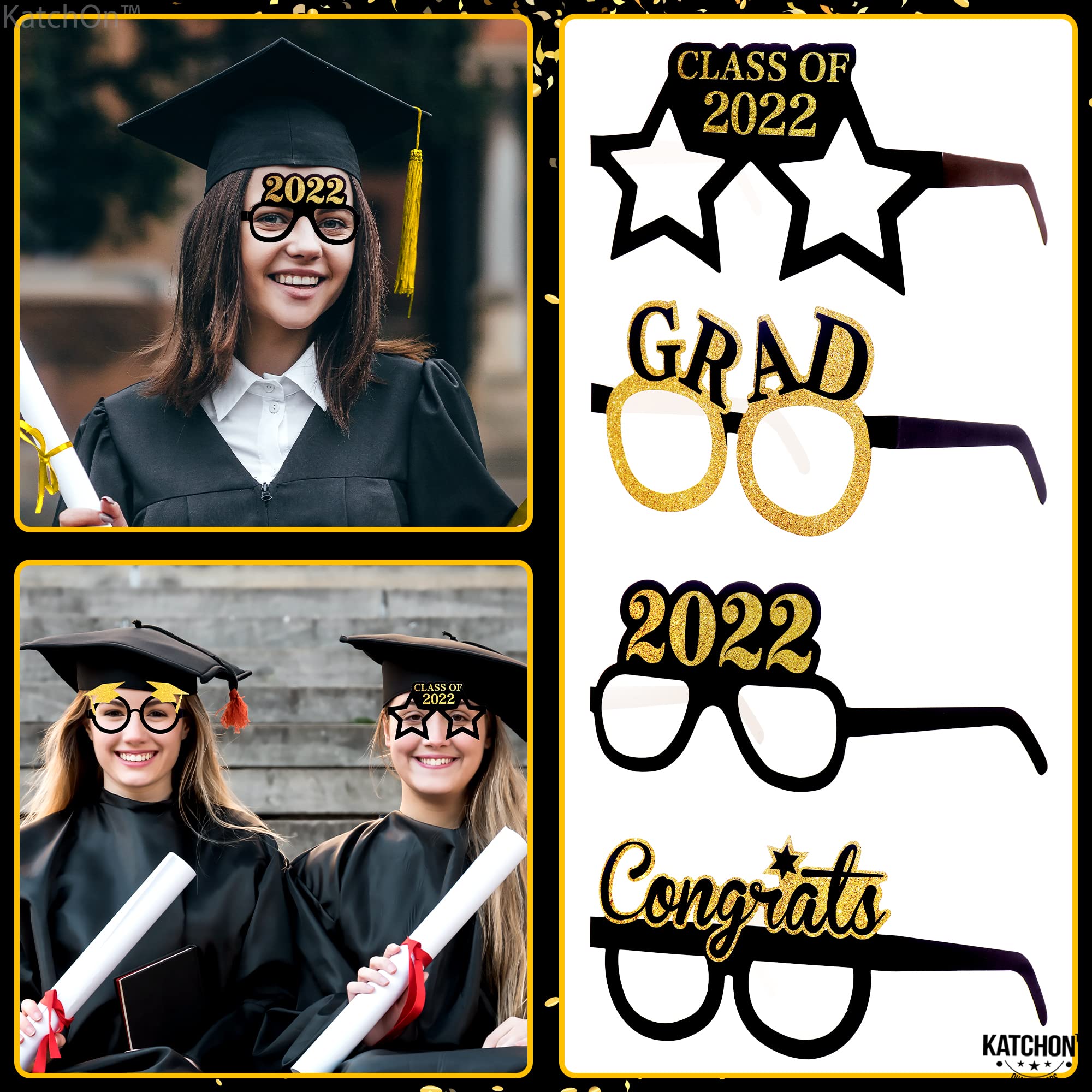 2024 Graduation Glasses - Black & Gold Photo Booth Props (Pack of 12) | Graduation Party Decorations, Graduation Favors for College & High School Celebrations | Perfect for Graduation Photos, Parties & Events