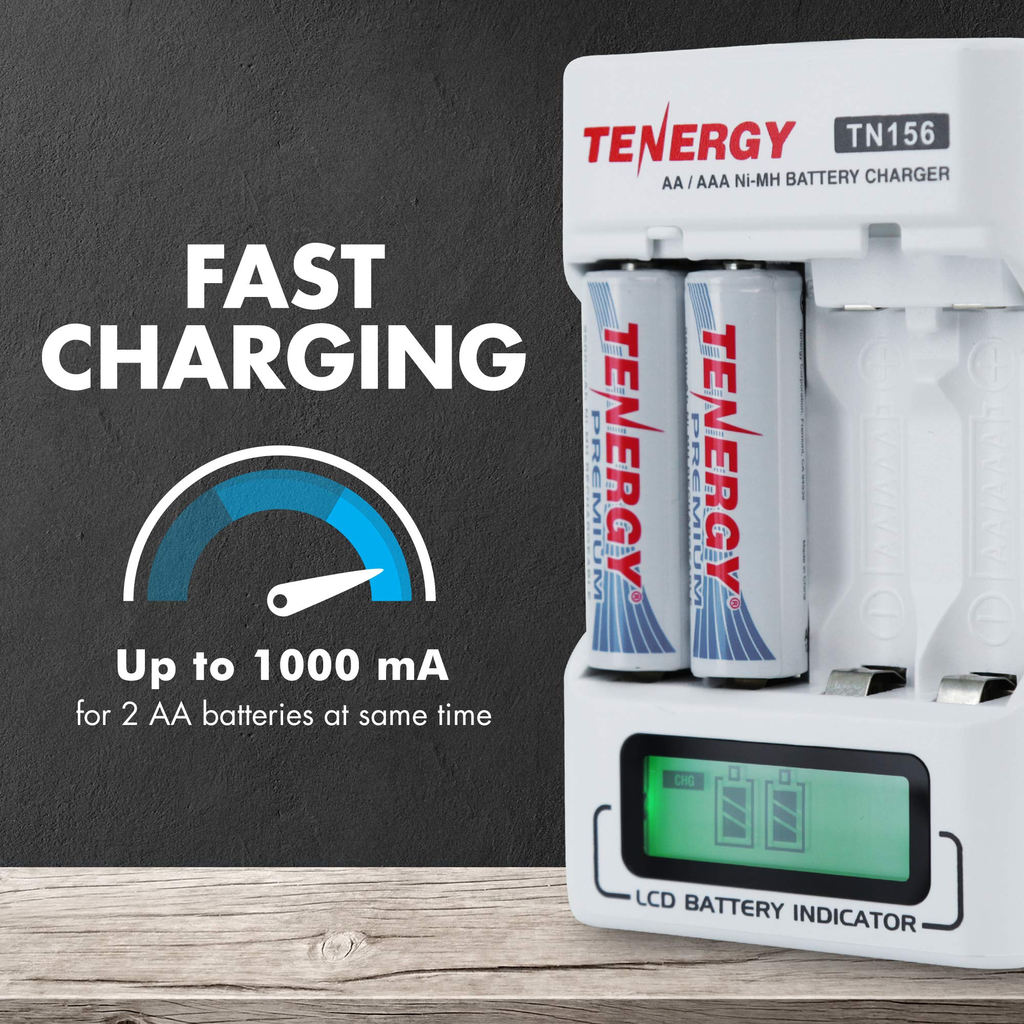 Tenergy TN156 4-Bay AA/AAA NiMH NiCD LCD Battery Charger - Fast Charging for Rechargeable Batteries | Perfect for Cameras, Game Controllers, Toys & Household Electronics