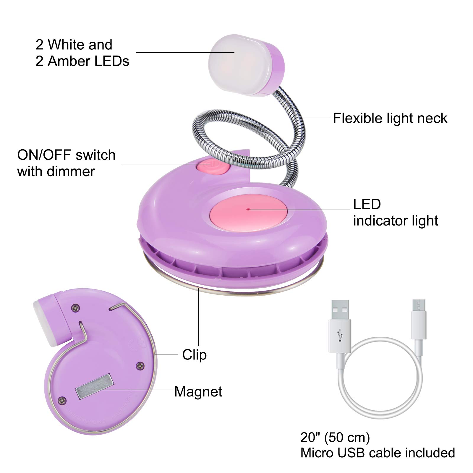 USB Rechargeable LED Book Light - 3 Brightness Dimmable Reading Light for Kids & Adults, Perfect for Bedtime Reading, Travel & Night Studying (Violet) - Ideal Gift for Bookworms & Students