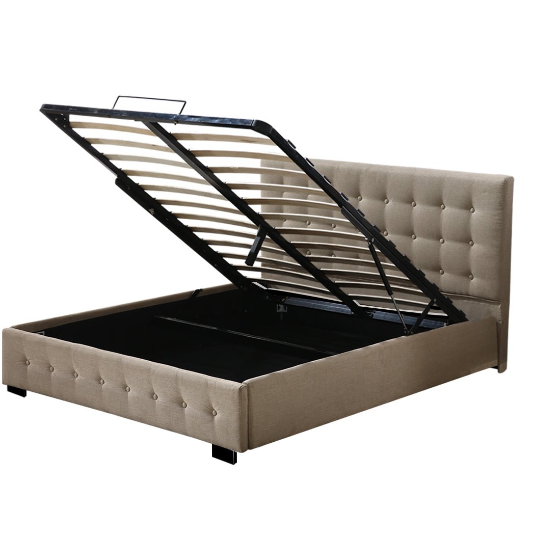 King Size Gas Lift Storage Bed Frame with Upholstered Headboard - Beige Fabric | Modern Platform Bed for Master Bedroom, Guest Room, or Small Space | Easy Assembly & Underbed Organization