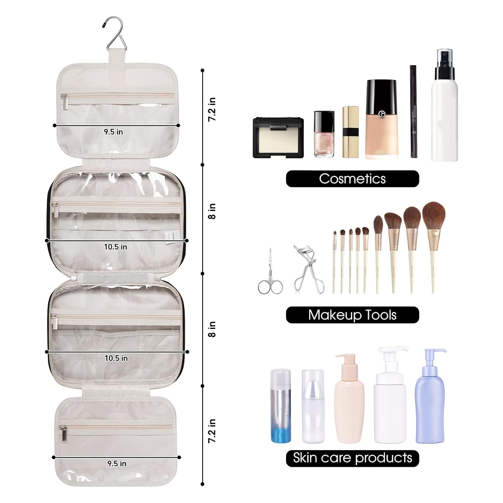 Narwey Hanging Toiletry Bag for Women - Travel Makeup Organizer with Multiple Pockets, Water-Resistant Cosmetic Bag for Toiletries & Essentials (Medium, Black) - Perfect for Airplane Travel, Camping & Gym Use