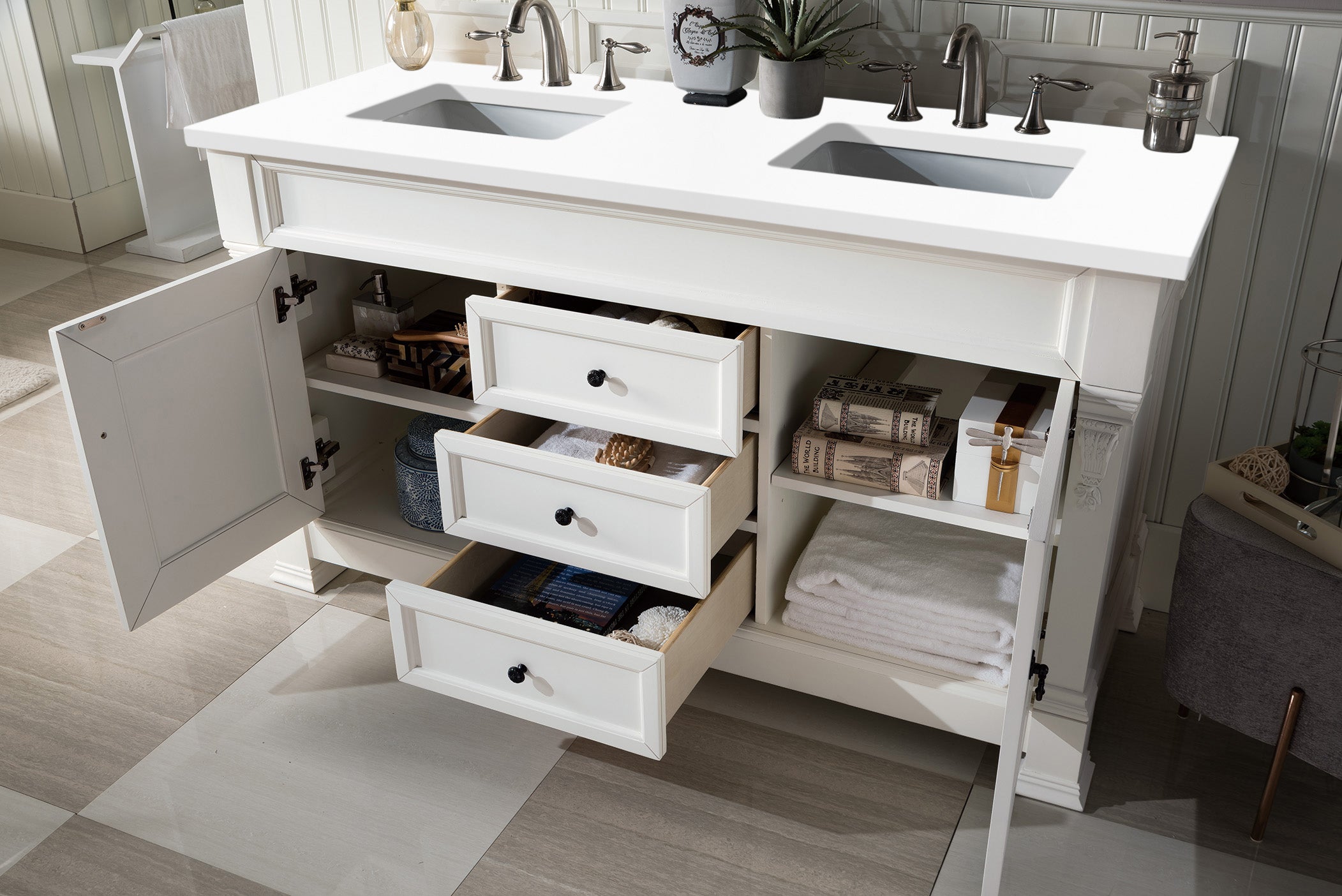 Brookfield 60 Inch Double Vanity with 3CM Classic White Quartz Top - Bright White Bathroom Vanity for Modern & Luxury Home Decor, Perfect for Master Bathroom or Guest Bathroom Renovation