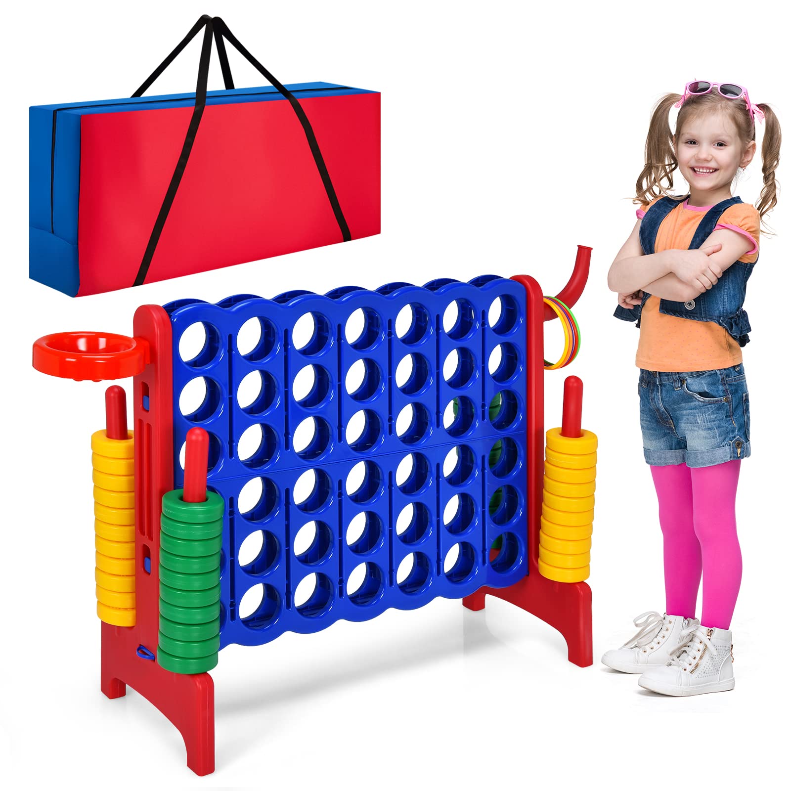 Costzon Giant 4-in-A-Row Game Set with Carrying Bag - Jumbo 4-to-Score Connect Game for Kids & Adults - Includes Basketball Hoop, 42 Large Rings & Quick-Release Slider - Fun Indoor & Outdoor Backyard Party Games for Family Gatherings, BBQs, and Picnics