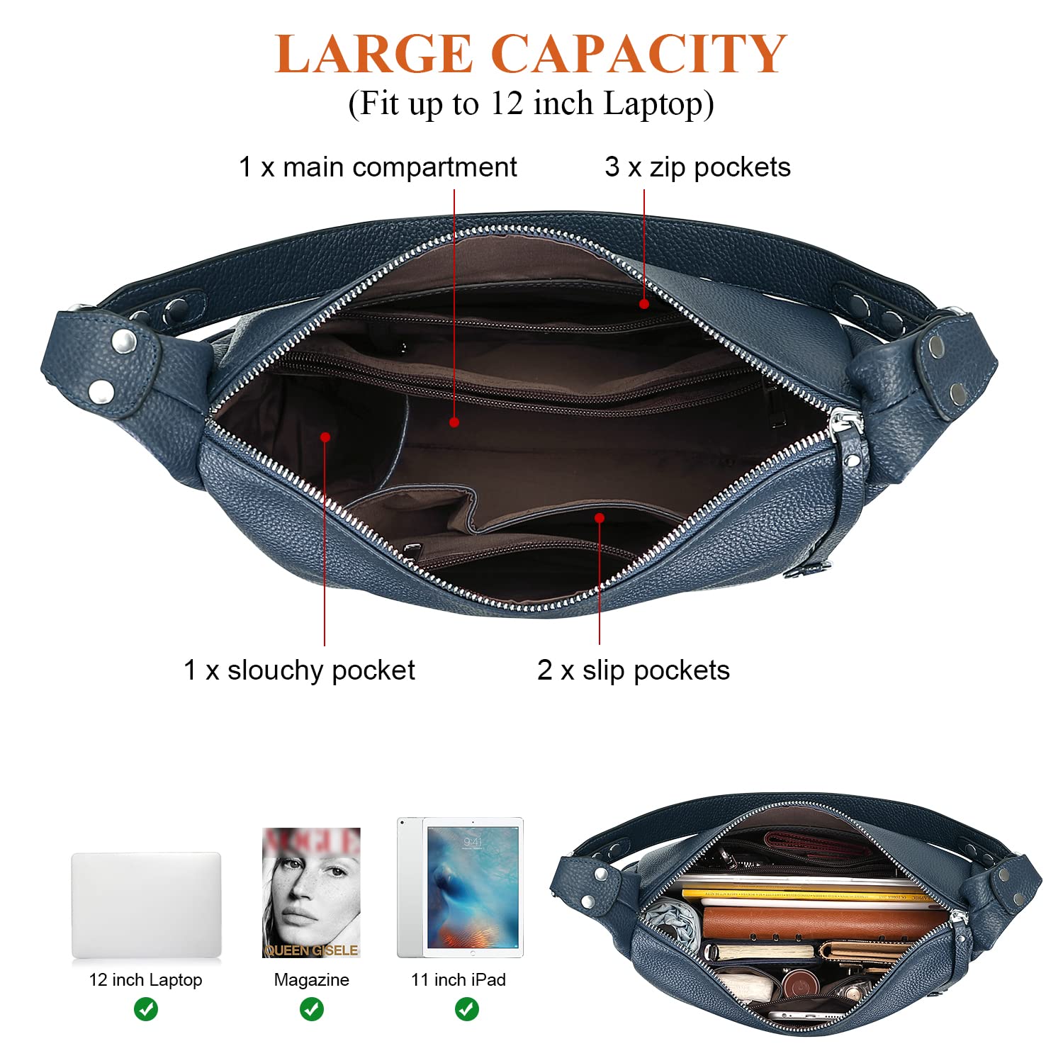 Genuine Leather Hobo Bags for Women - Stylish Shoulder & Crossbody Purse - Premium Handbags for Everyday Use, Work & Travel