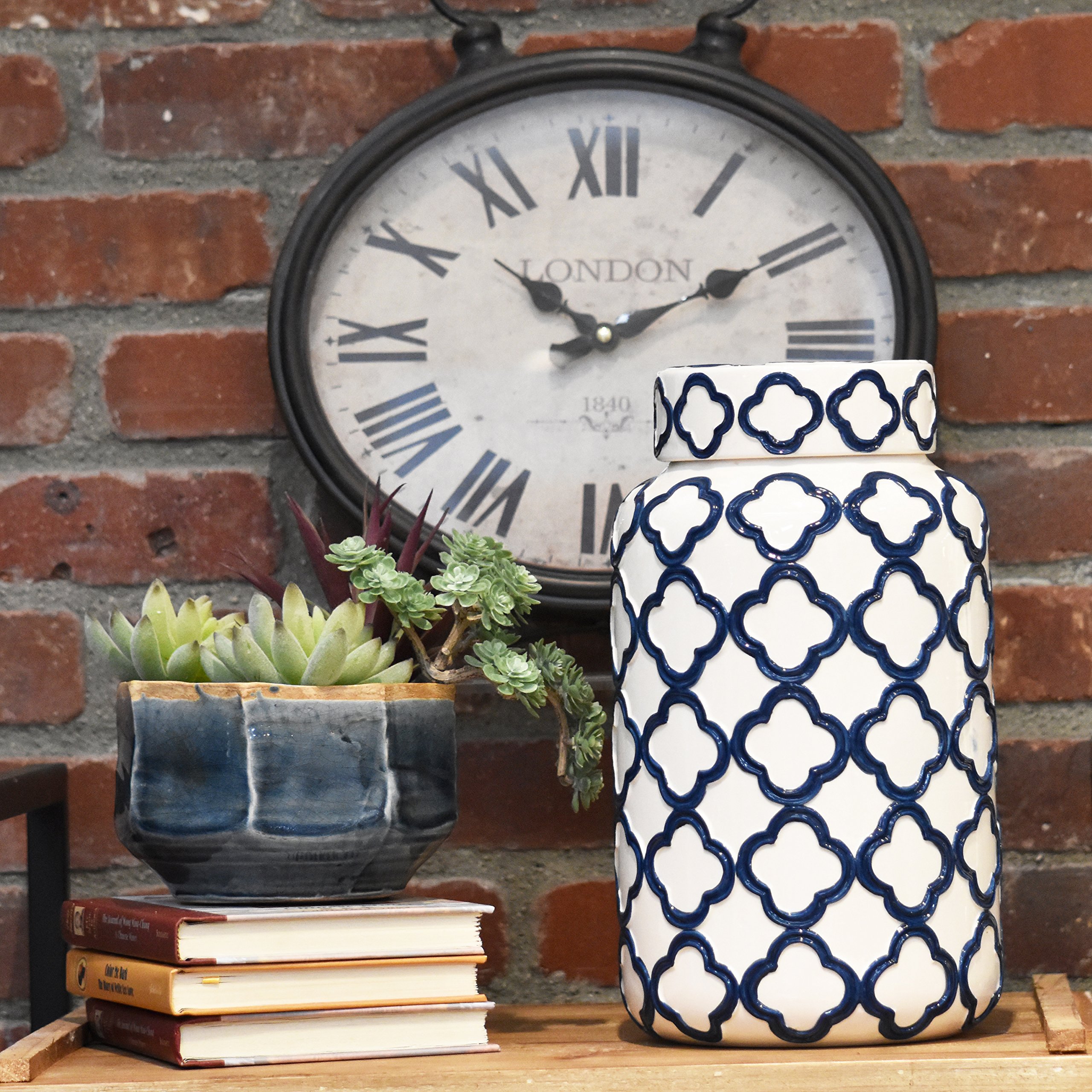 Large White Coated Ceramic Canister with Embossed Quatrefoil Design & Lid - Perfect for Kitchen Storage, Pantry Organization & Countertop Decor