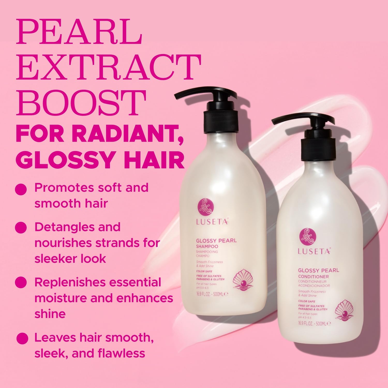 Luseta Glossy Pearl Shampoo & Conditioner Set with Heat Protectant Spray - Repair & Shine Treatment for Damaged Hair - Salon Quality Hair Care for Dry, Frizzy & Color-Treated Hair - Perfect for Daily Use & Styling Protection