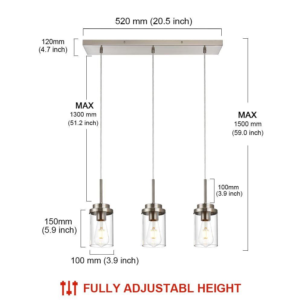 Brushed Nickel 3-Light Pendant Lighting Fixture with Clear Glass Shade - Modern Hanging Lights for Kitchen Island, Dining Room, Bar Counter & Breakfast Nook