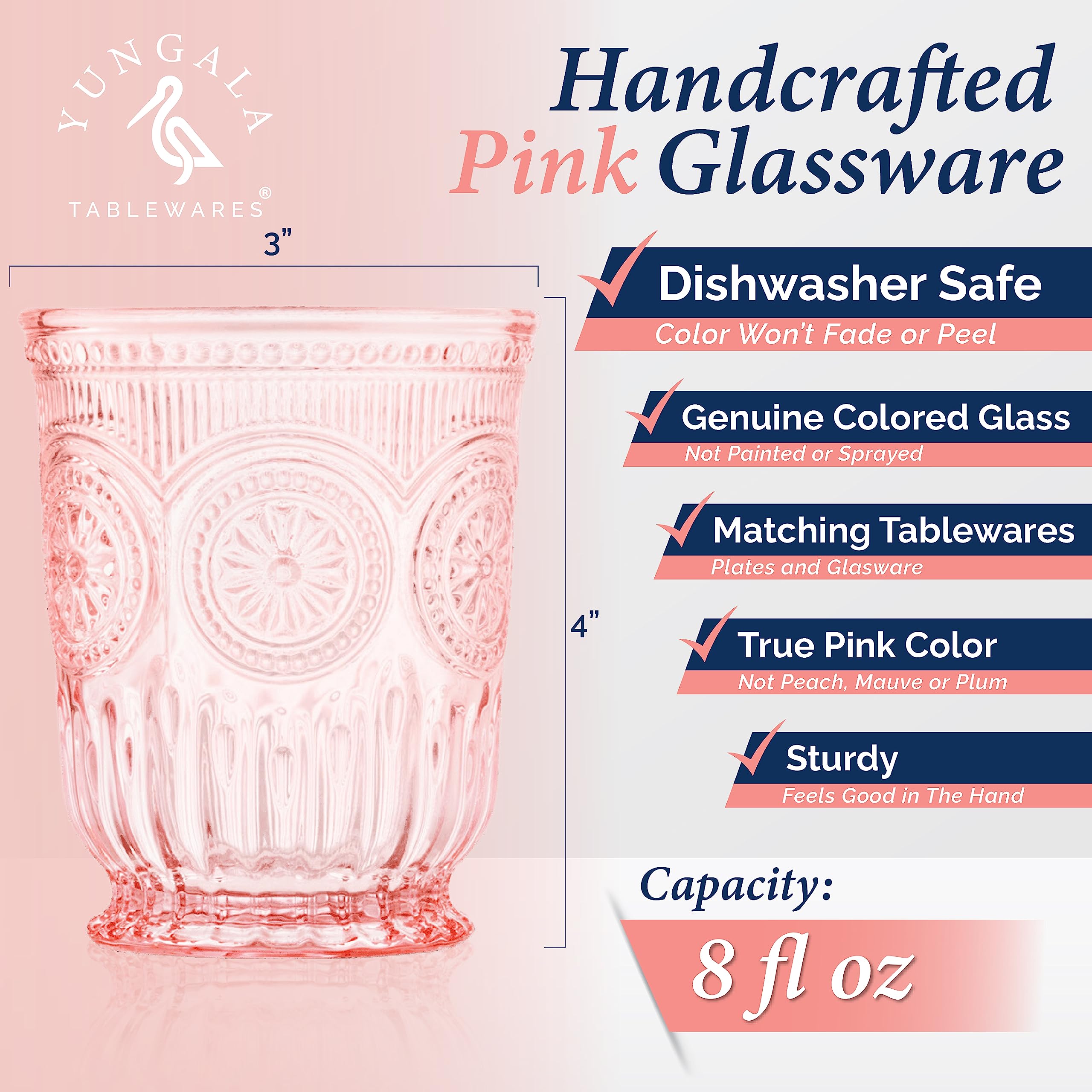 Yungala Pink Glassware Set - 4-Piece Pink Wine Glasses, Highball Glasses & Small Cups with Sunflower Embossing - Elegant Purple Glassware Collection for Wine Tasting, Cocktail Parties & Home Decor
