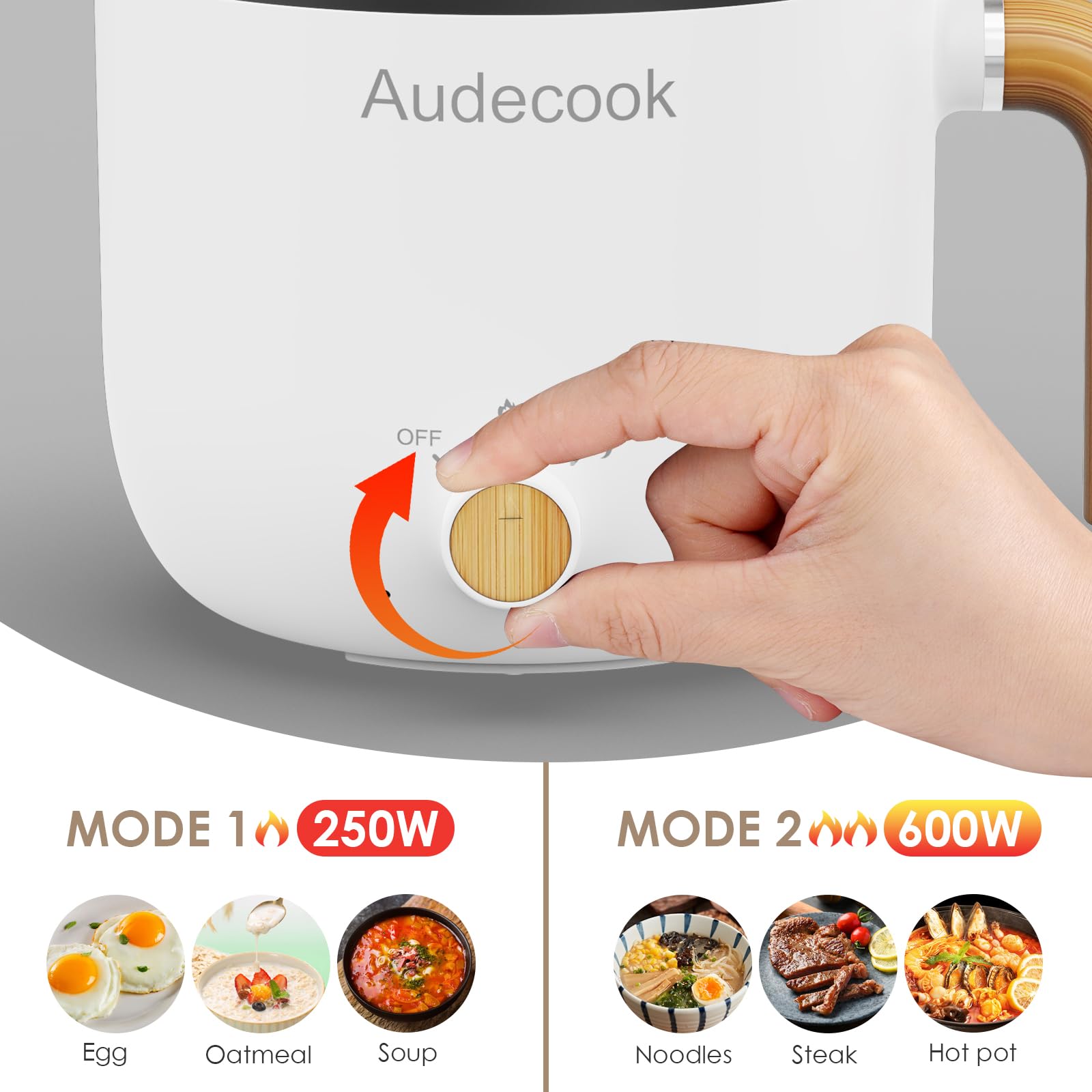 Audecook 1.5L Electric Hot Pot with Steamer - Portable Nonstick Noodle Cooker & Travel Skillet - Dual Power Control for Ramen, Pasta, Soup, Steak, Eggs - Perfect for Dorm, Office, Camping & Small Kitchen Cooking