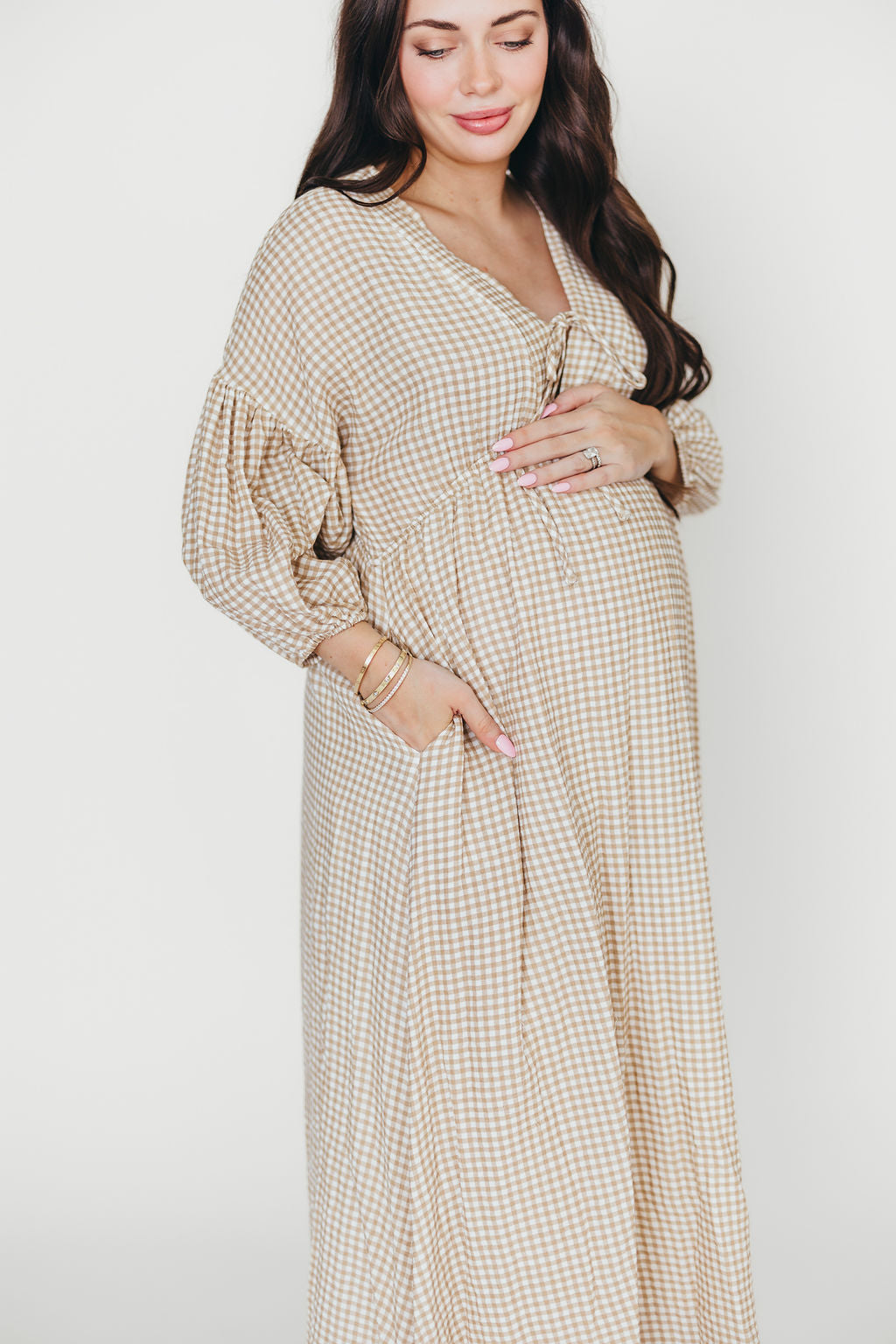 Hunter Printed Gauze Midi Dress in Natural Plaid - Bump Friendly Maternity Dress for Summer, Beach & Casual Wear