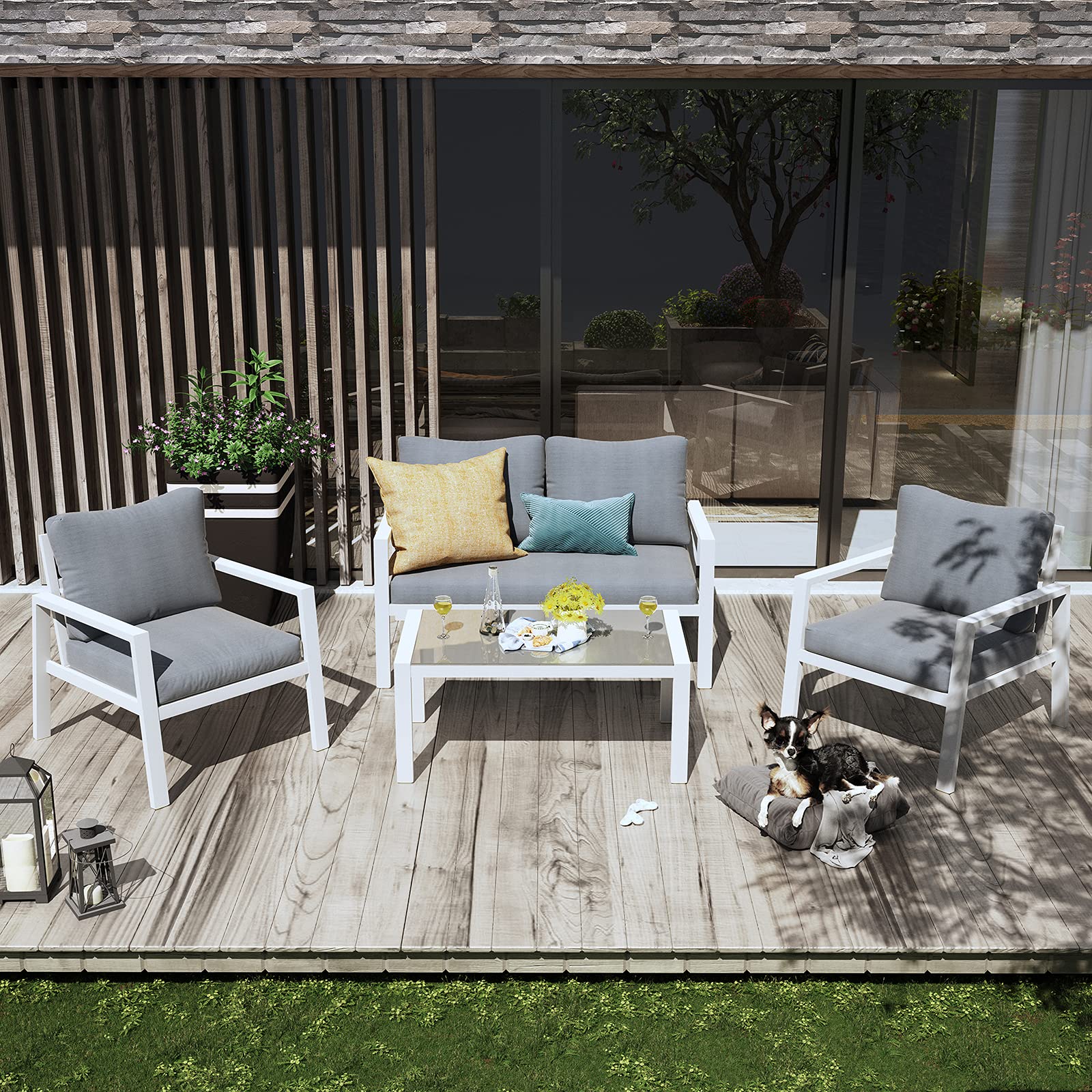 4-Piece Aluminum Outdoor Patio Furniture Set with Removable Cushions & Tempered Glass Coffee Table - White Frame & Grey Cushions for Garden, Poolside, or Backyard Relaxation