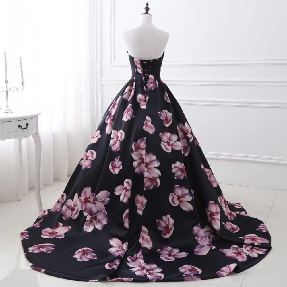 Elegant Floral Printed Sweetheart Prom Gowns for Women - Long Evening Dresses with Train for Brides & Formal Events | Perfect for Weddings, Proms & Special Occasions