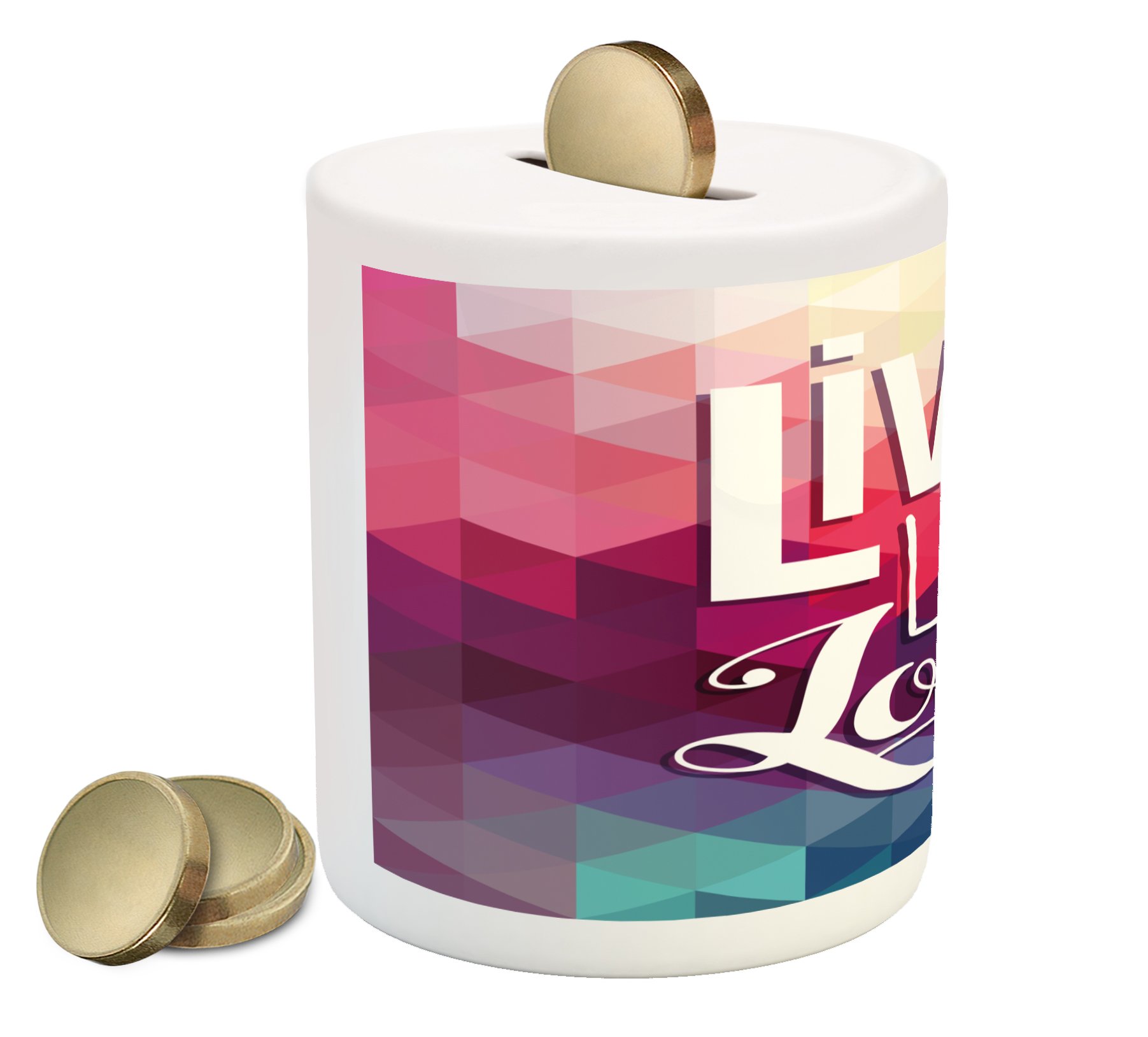 Ambesonne Ceramic Piggy Bank with Geometric Mosaic Design - Colorful Money Box for Cash Savings | Perfect Gift for Kids, Teens & Home Decor | Live Laugh Love Inspirational Coin Bank for Birthday, Christmas & Housewarming
