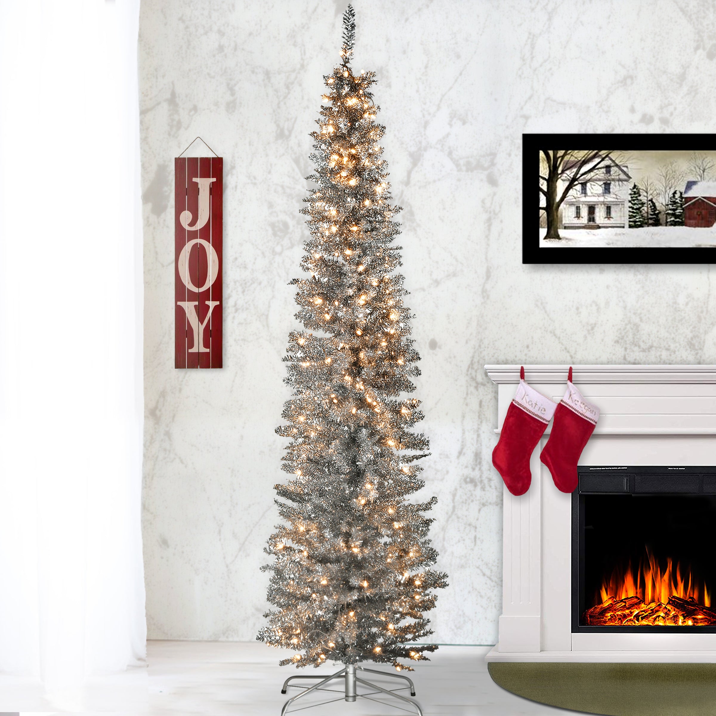 7 ft Pre-Lit Silver Tinsel Christmas Tree with 500 Clear LED Lights - Perfect for Holiday Home Decor, Office, and Party Decoration