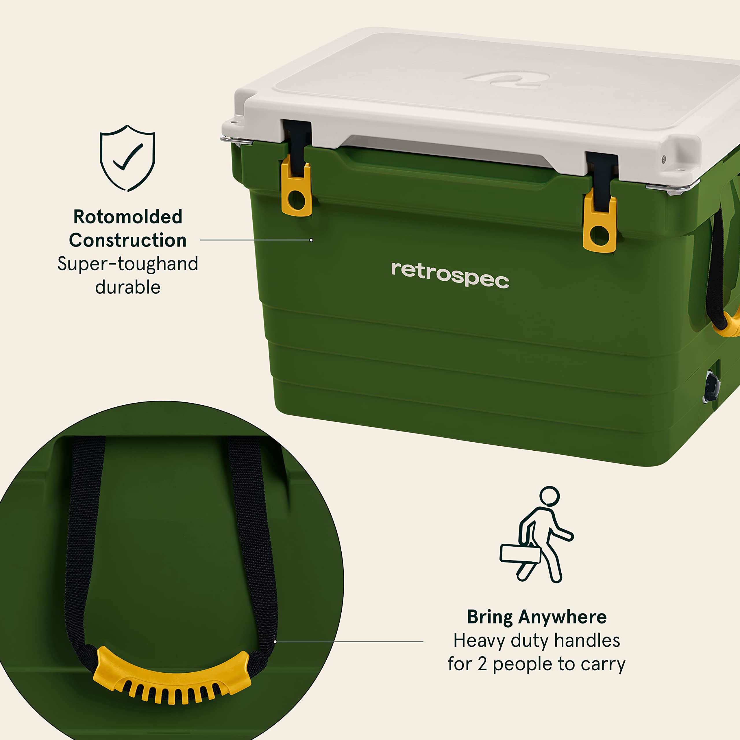 Retrospec Palisade Rotomolded Cooler - 25/45/65qt Fully Insulated Ice Chest with Built-in Bottle Opener | Heavy-Duty Portable Cooler for Beach, Camping, Travel & Tailgating | Includes Tie-Down Slots & Dry Storage Basket | Perfect for Outdoor Adventures, Picnics & Road Trips