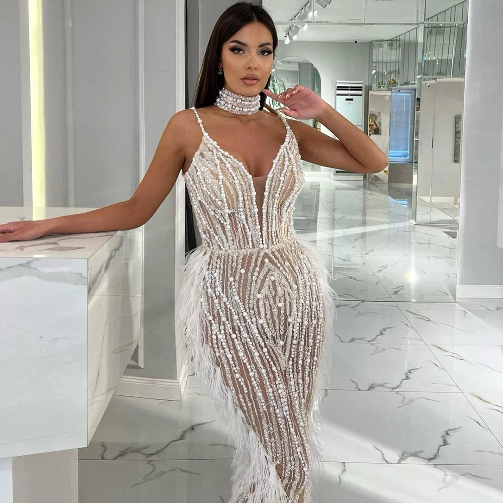 Elegant White Beaded Feather Mermaid Evening Gown with Spaghetti Straps - LA72047 for Prom, Wedding, and Formal Events