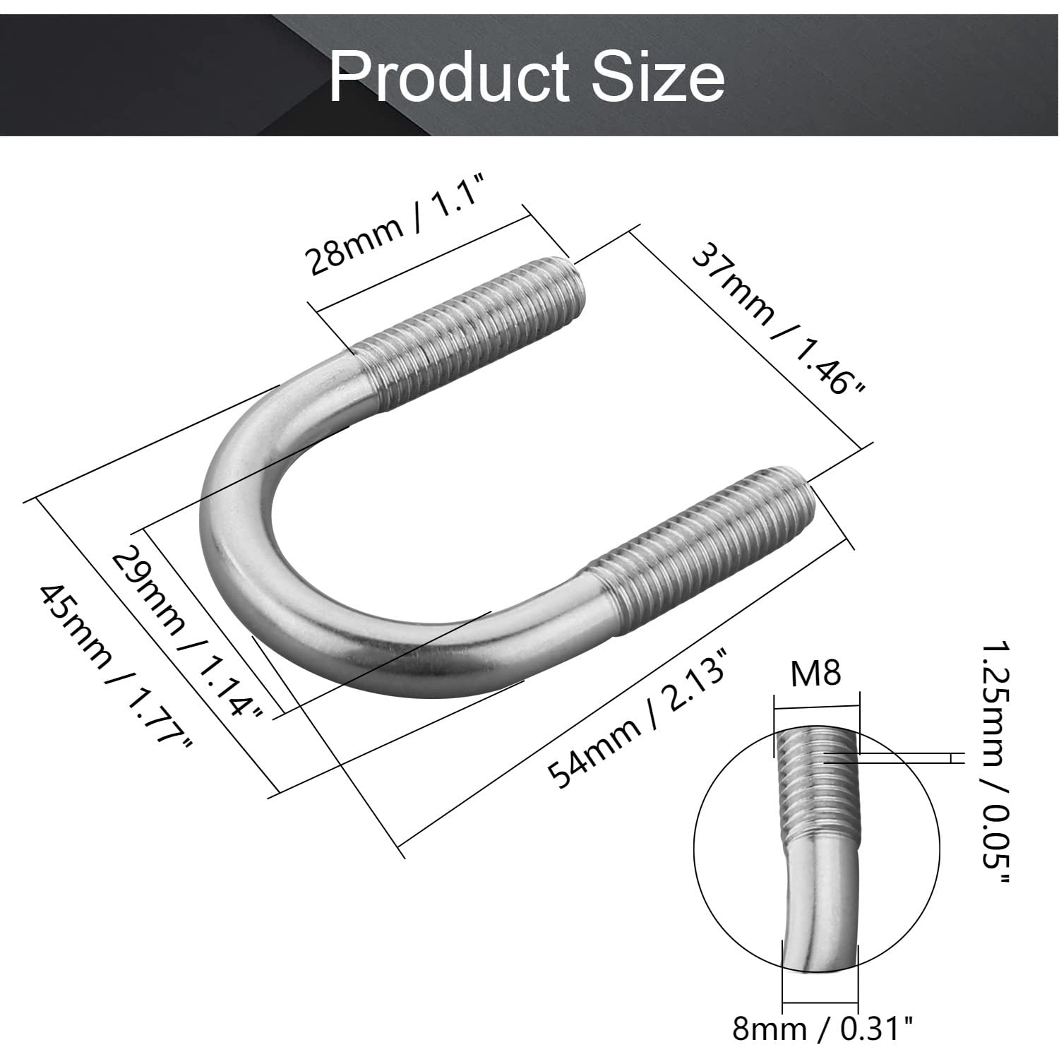 M8x27 304 Stainless Steel U-Bolts for 27mm Pipe - 2pcs - Pipe Clamps & Brackets