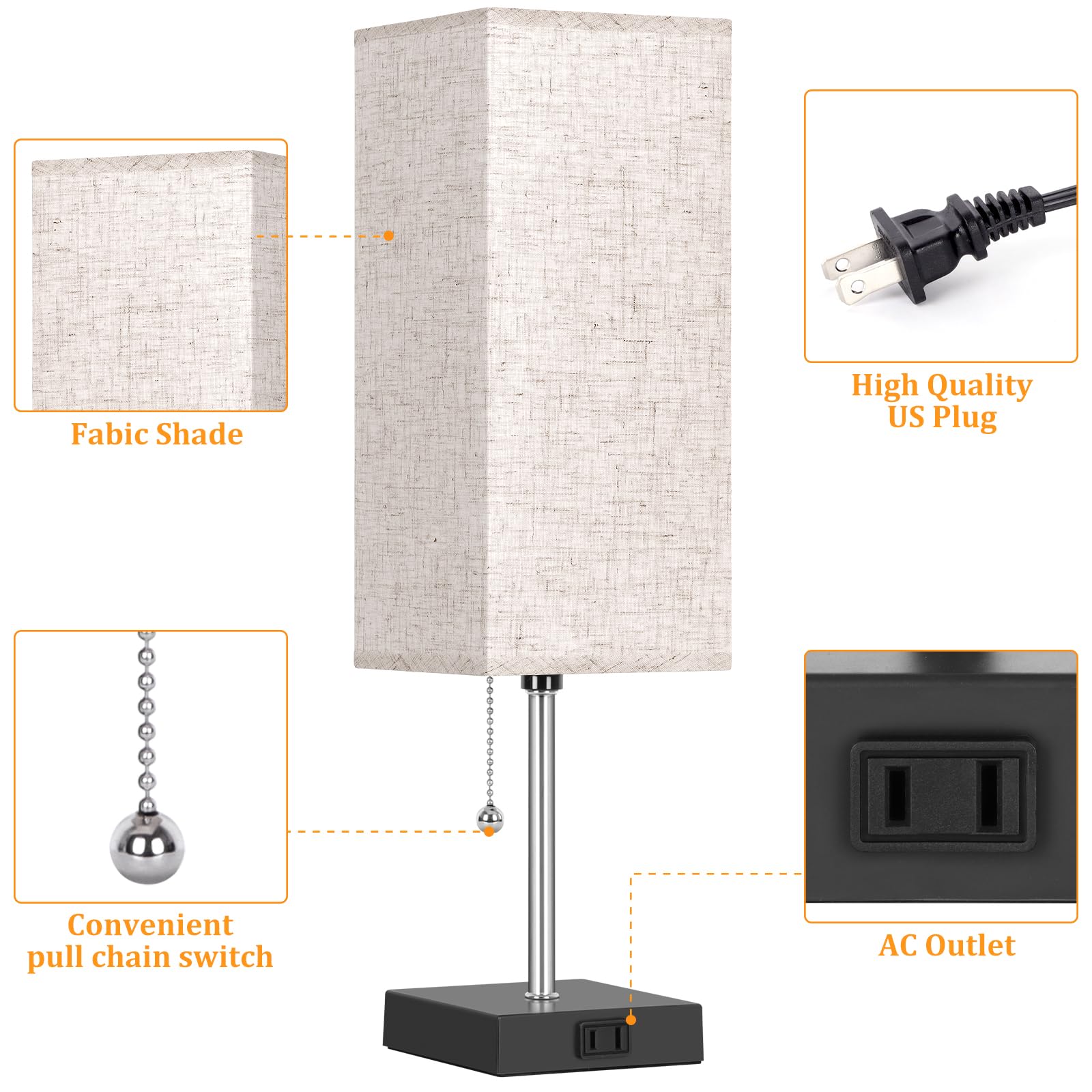 2-Pack 3-Color Adjustable Table Lamps with Pull Chain & AC Outlets - 18