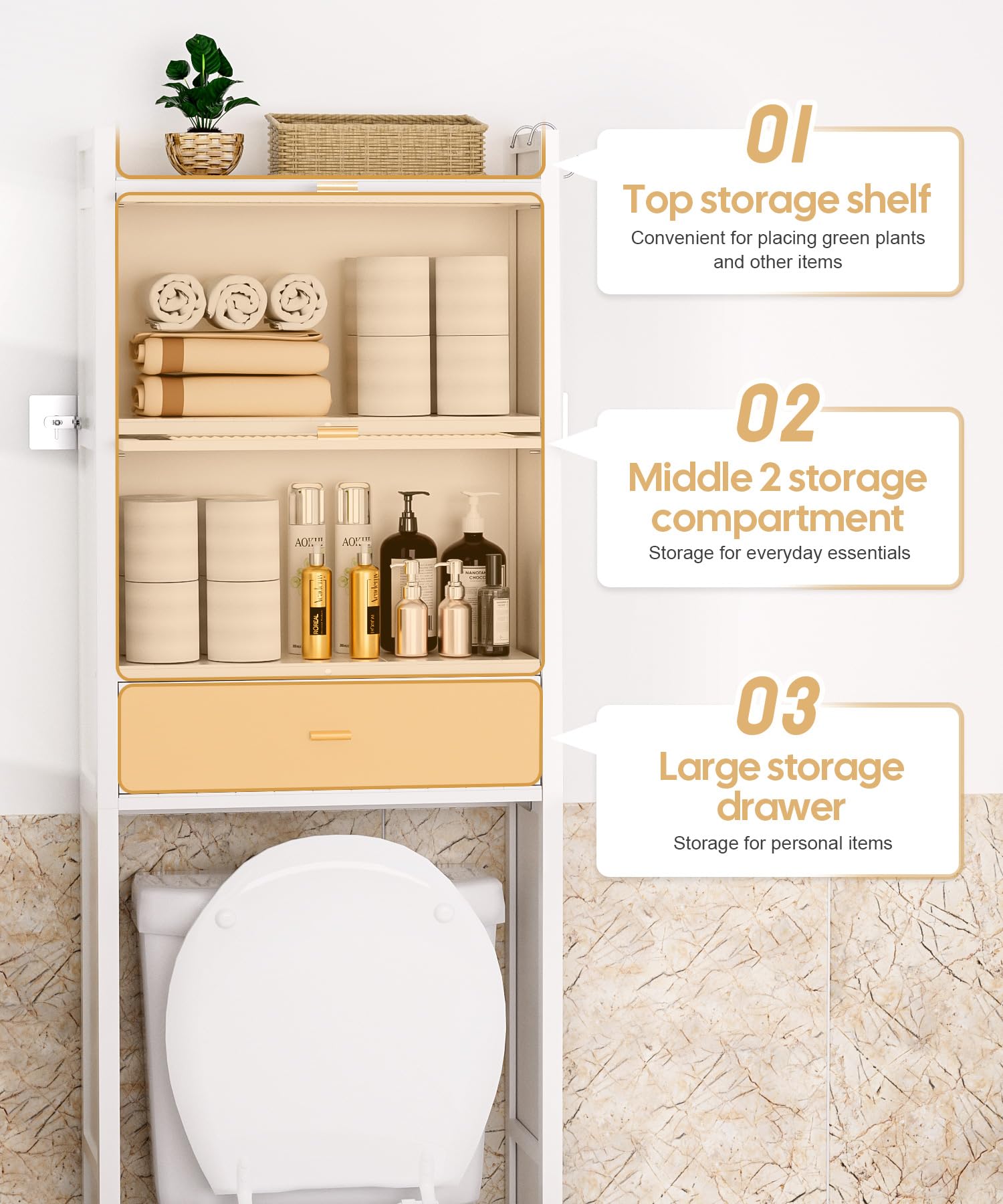 Over The Toilet Storage Cabinet with Drawer & Flip Door - Bamboo Bathroom Organizer Shelf | Anti-Tip Design, Waterproof Feet | Freestanding Space Saver for WC (White) - Perfect for Small Bathrooms & Apartment Storage Solutions