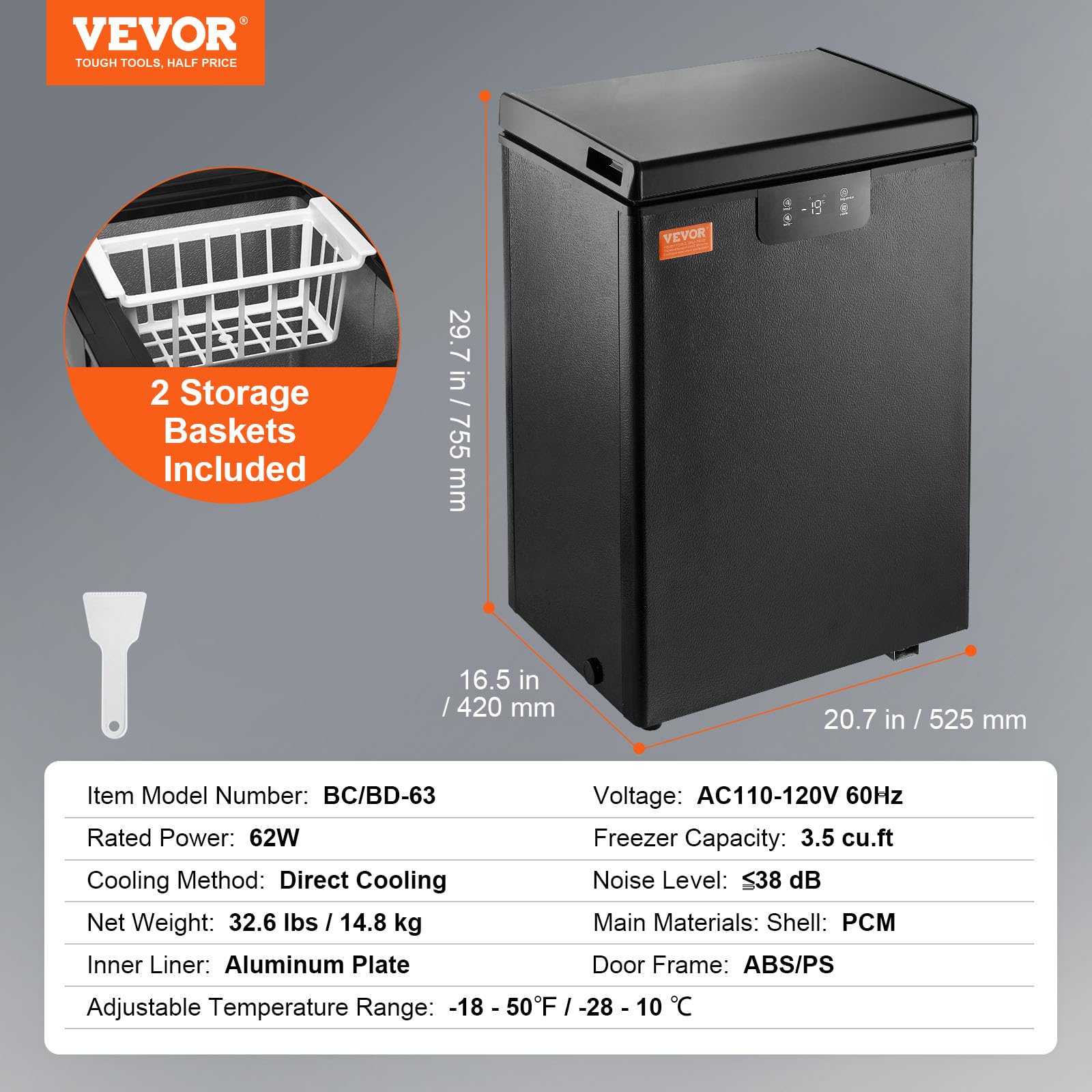 VEVOR 3.5 Cu.ft Compact Chest Freezer - Energy Efficient Deep Freezer with Adjustable Thermostat, 2 Removable Baskets & Low Noise Design - Perfect for Home, Garage, Basement or Small Business Storage (Black)