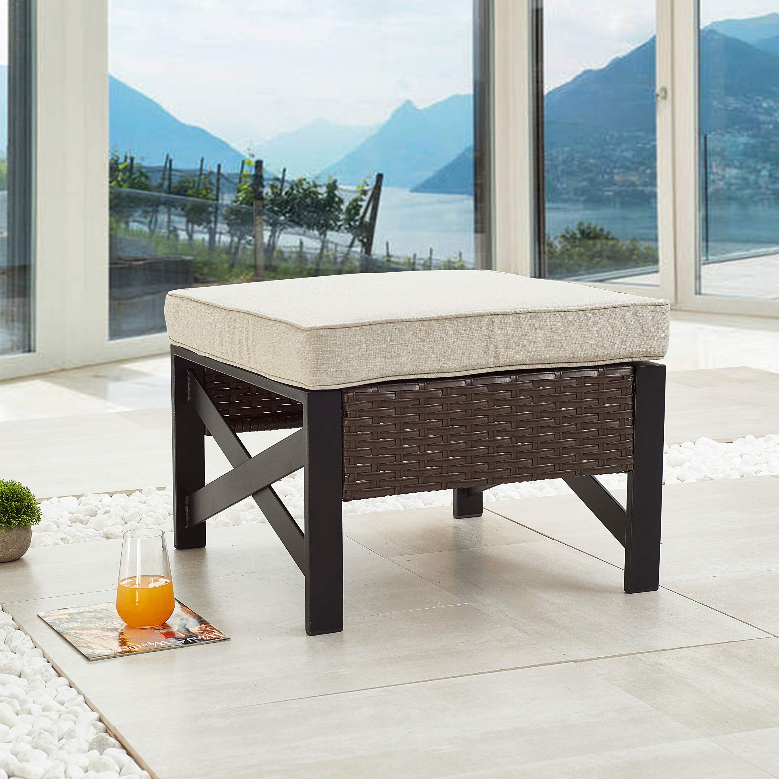 LOKATSE HOME Outdoor Wicker Ottoman with Cushion - All Weather Rattan Patio Furniture, Steel X-Leg Footrest & Coffee Table (Brown) - Perfect for Garden, Balcony, and Poolside Relaxation