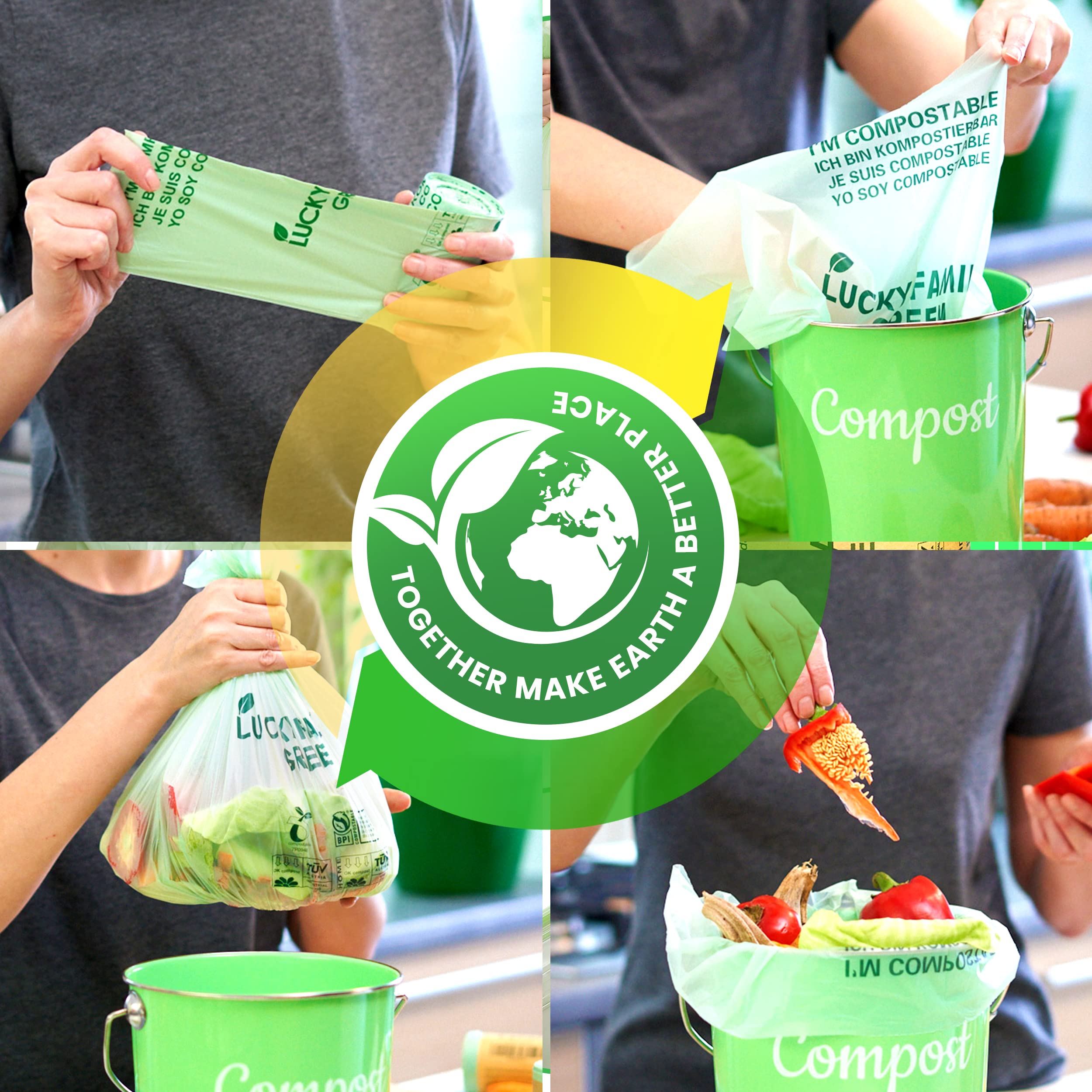 Lucky Family 13 Gallon Compostable Trash Bags - 100% Biodegradable & Eco-Friendly Kitchen Waste Bags for Food Scraps - 25 Count Roll - Perfect for Countertop Compost Bins, Organic Waste Disposal & Sustainable Living