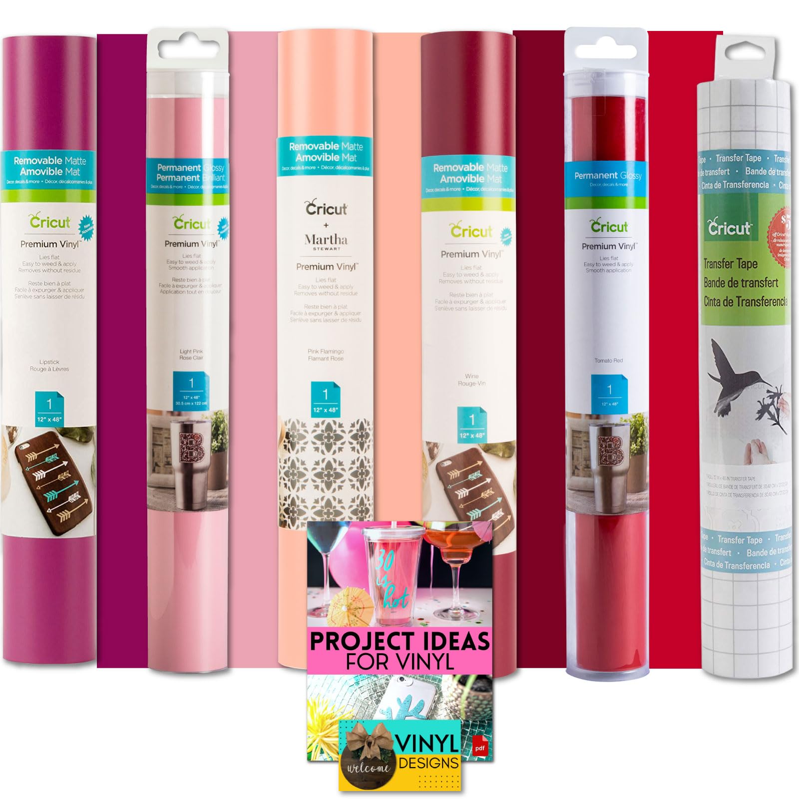 Premium Cricut Vinyl Rolls (5-Pack) with Transfer Tape - Love Potion, Pink & Red Adhesive Vinyl for DIY Crafts, Valentine's Day Decor, Scrapbooking, and Home Decoration Projects