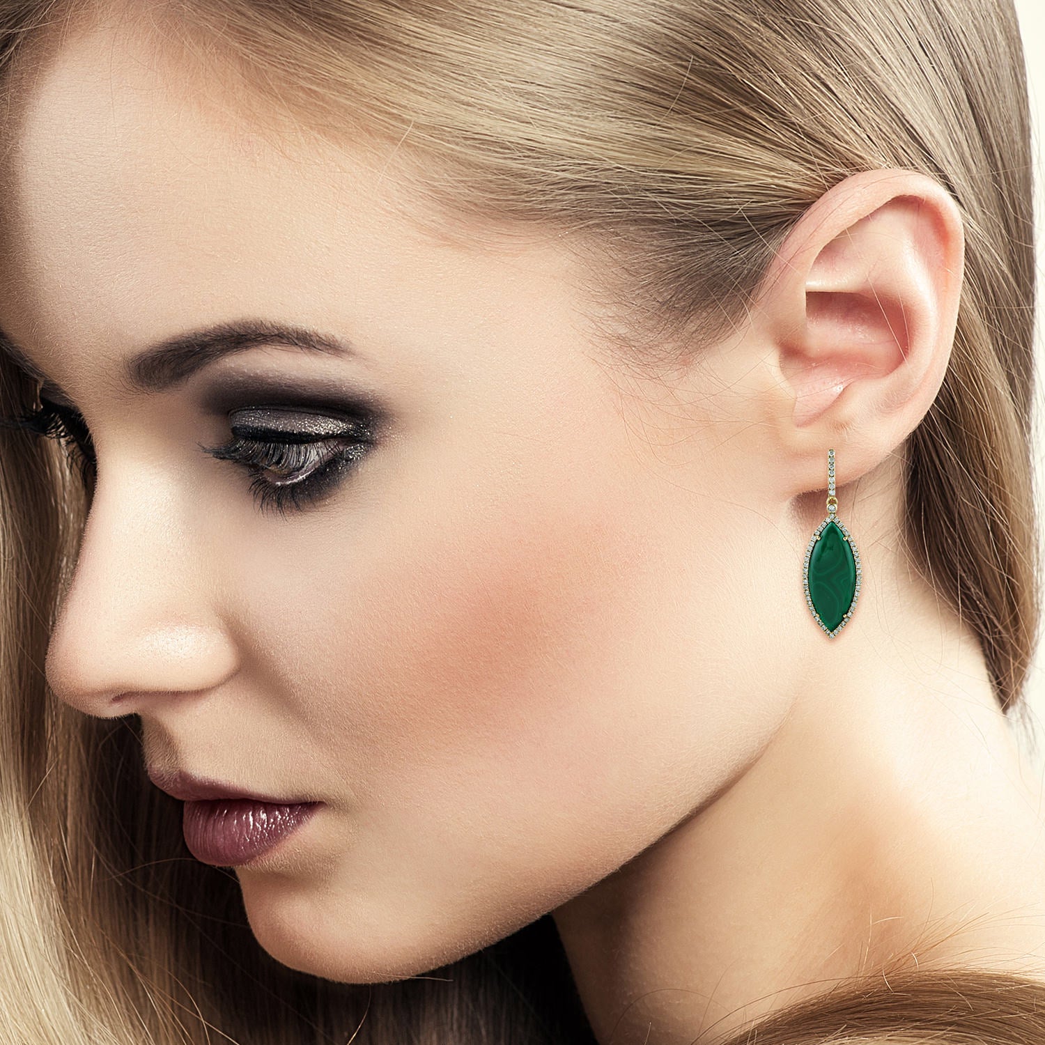 Elegant Marquise Malachite Gemstone Pave Diamond Dangler Earrings in 14K Yellow Gold for Women - Perfect for Weddings, Parties & Special Occasions