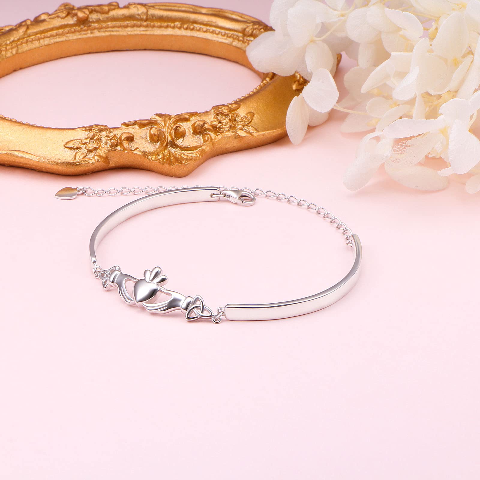FLYOW 925 Sterling Silver Adjustable Celtic Claddagh Bracelet - Irish Good Luck Jewelry for Women | Birthday Gifts, Anniversary Present, St. Patrick's Day Accessory
