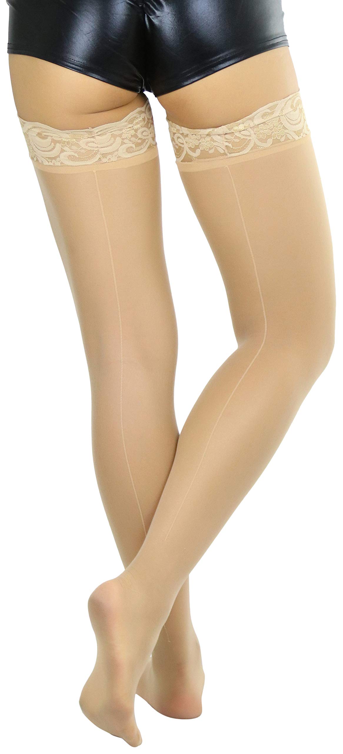 ToBeInStyle Women’s Classic Backseam Thigh High Stockings with Floral Lace Top - Sexy Hosiery for Date Night, Cosplay & Special Occasions